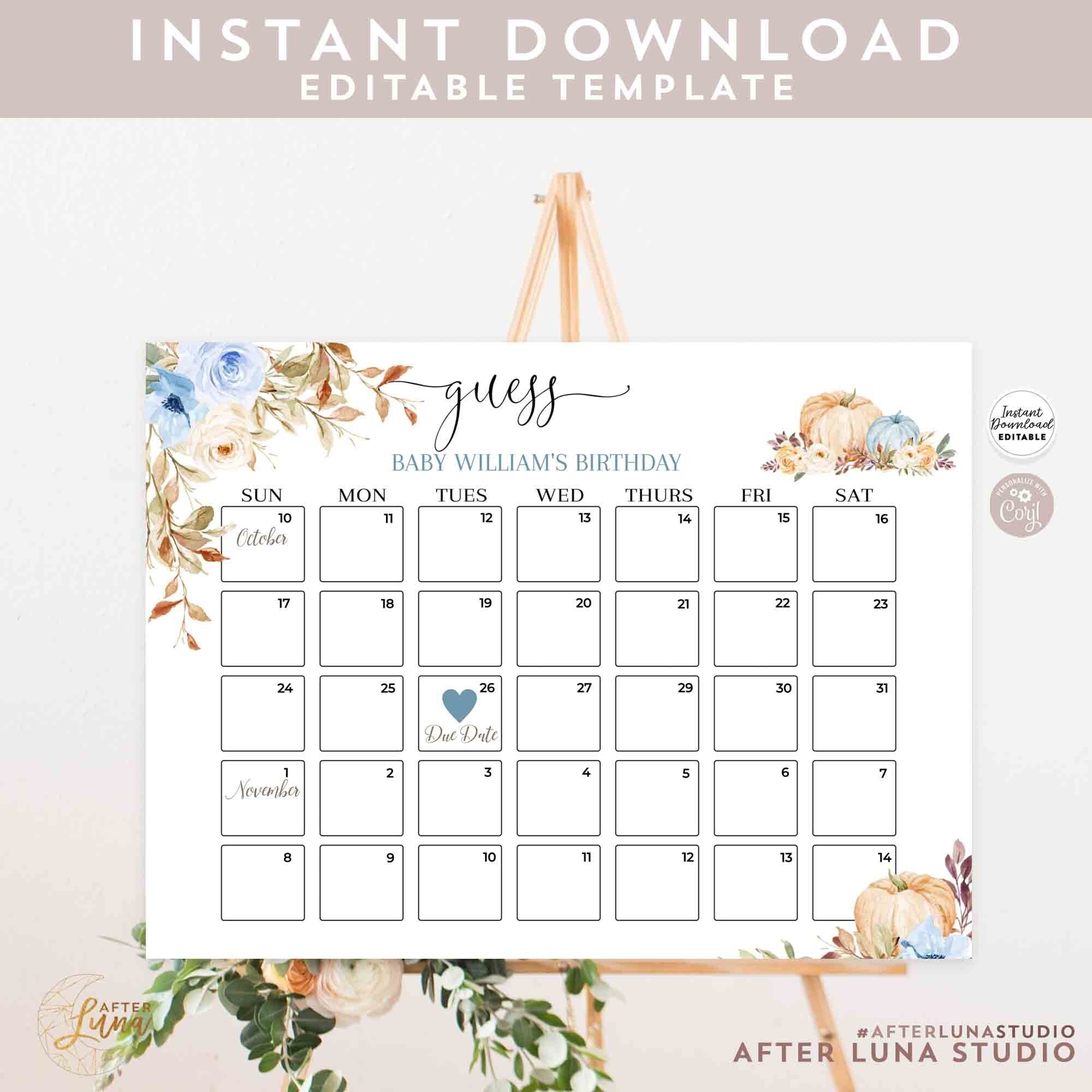 Editable Fall Blue Pumpkin Baby Shower Sprinkle Due Date Calendar 