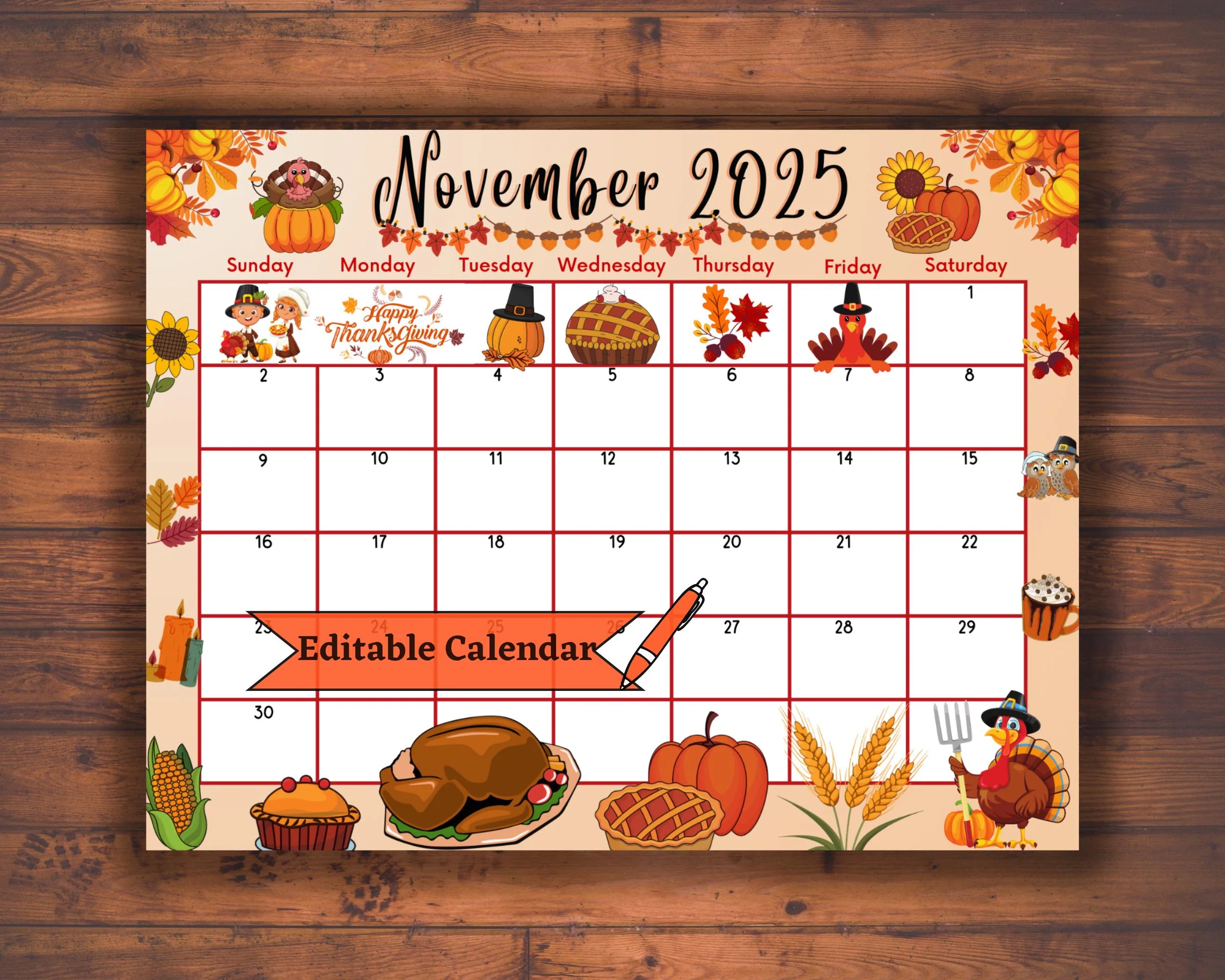 Editable Fillable November 2025 Calendar For Happy Thanksgiving 