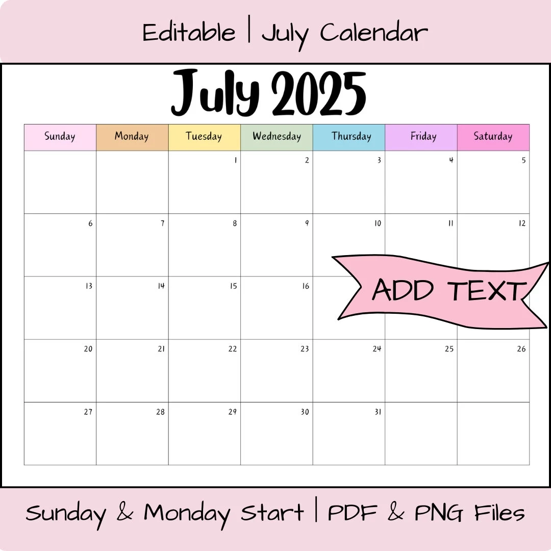 Editable July 2025 Calendar Printable Activity Planner Rainbow 