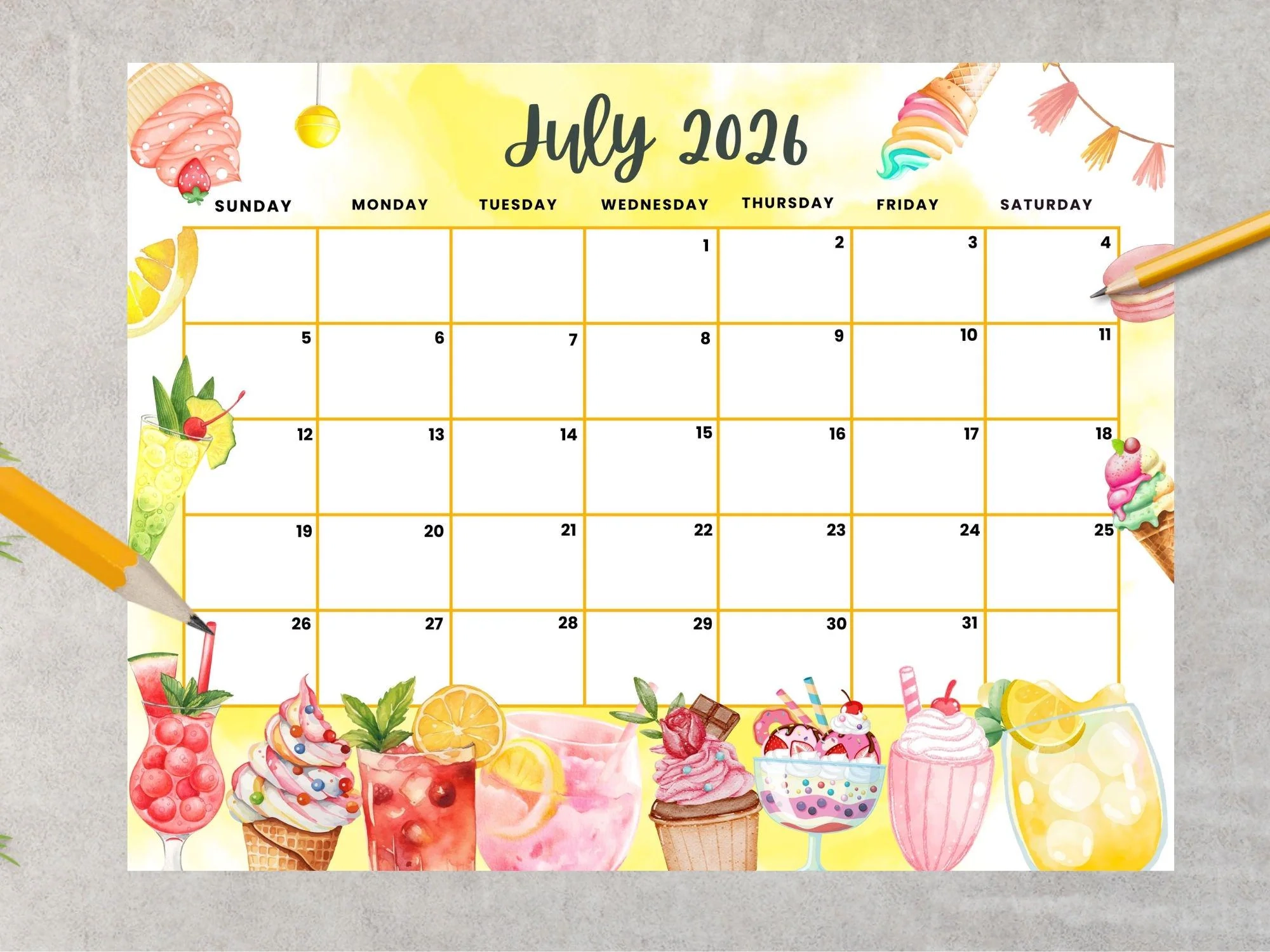 Editable July 2026 Calendar Cute Colorful Summer Planner With 