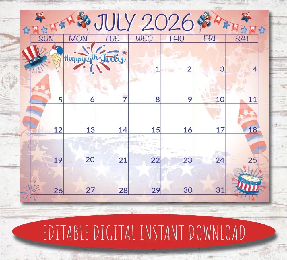 Editable July 2026 Calendar Watercolor Patriotic Design digital 