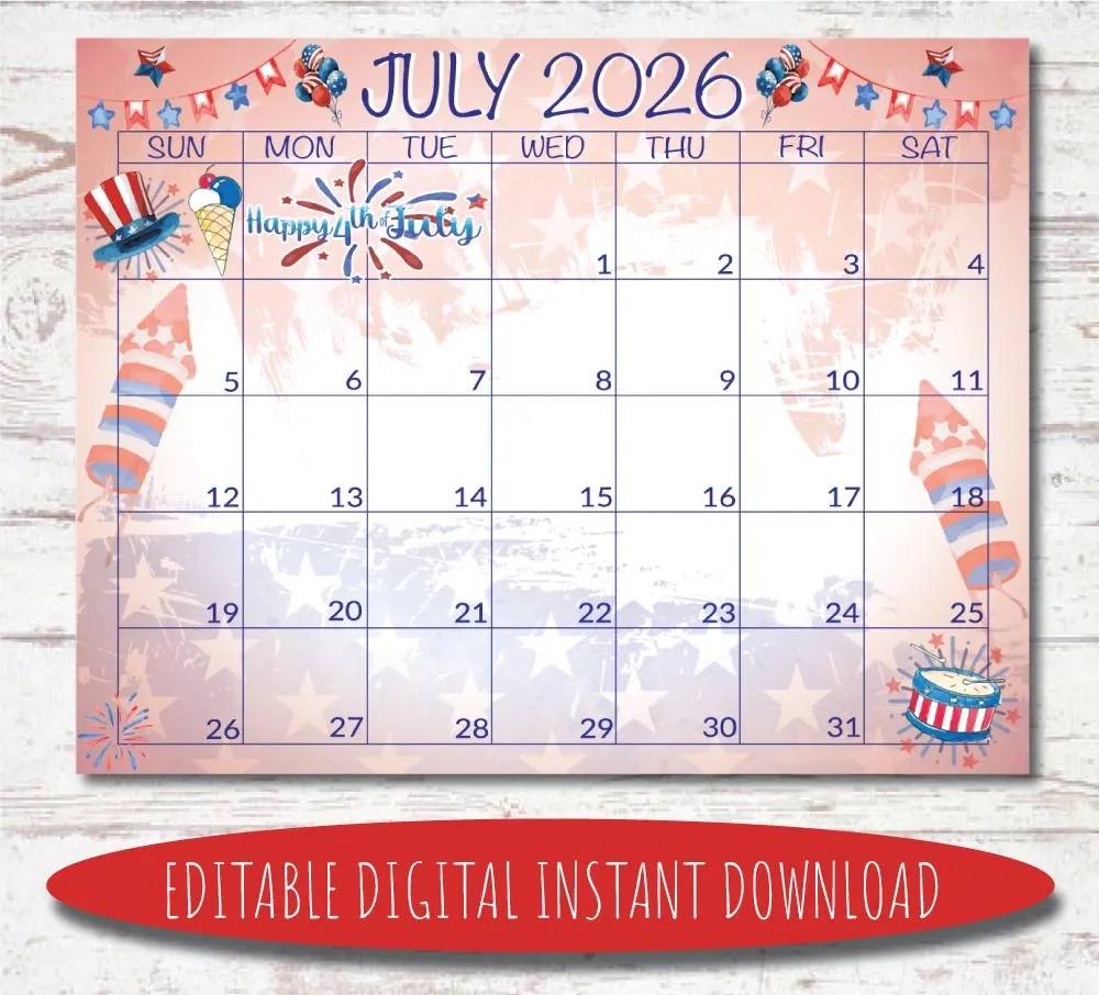 Editable July 2026 Calendar Watercolor Patriotic Design digital 