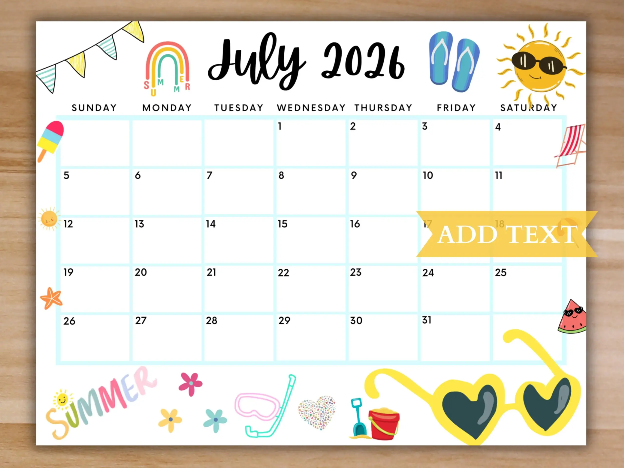 EDITABLE July 2026 Summer Calendar Printable July Calendar 