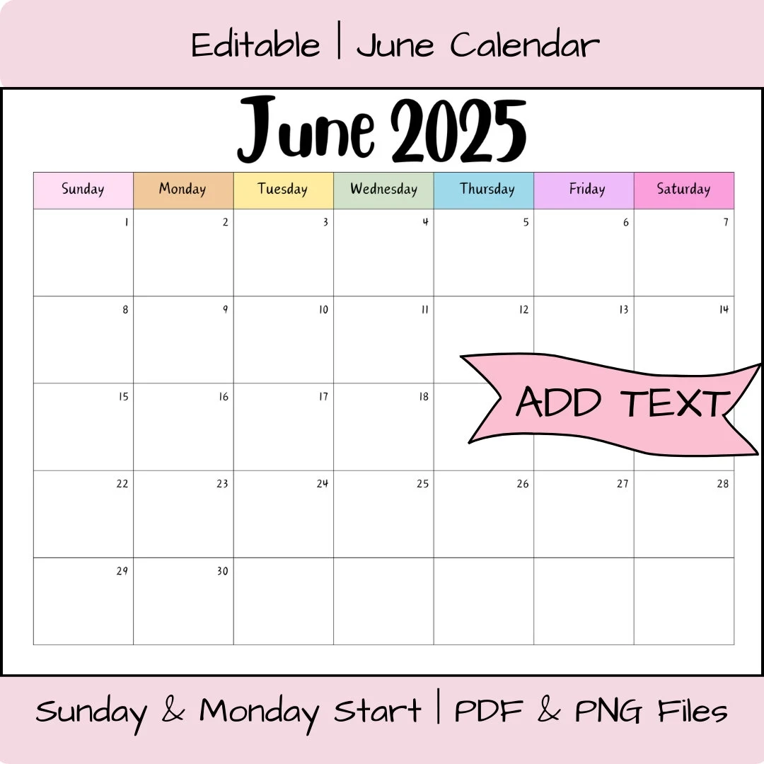 Editable June 2025 Calendar Printable Activity Planner Rainbow 