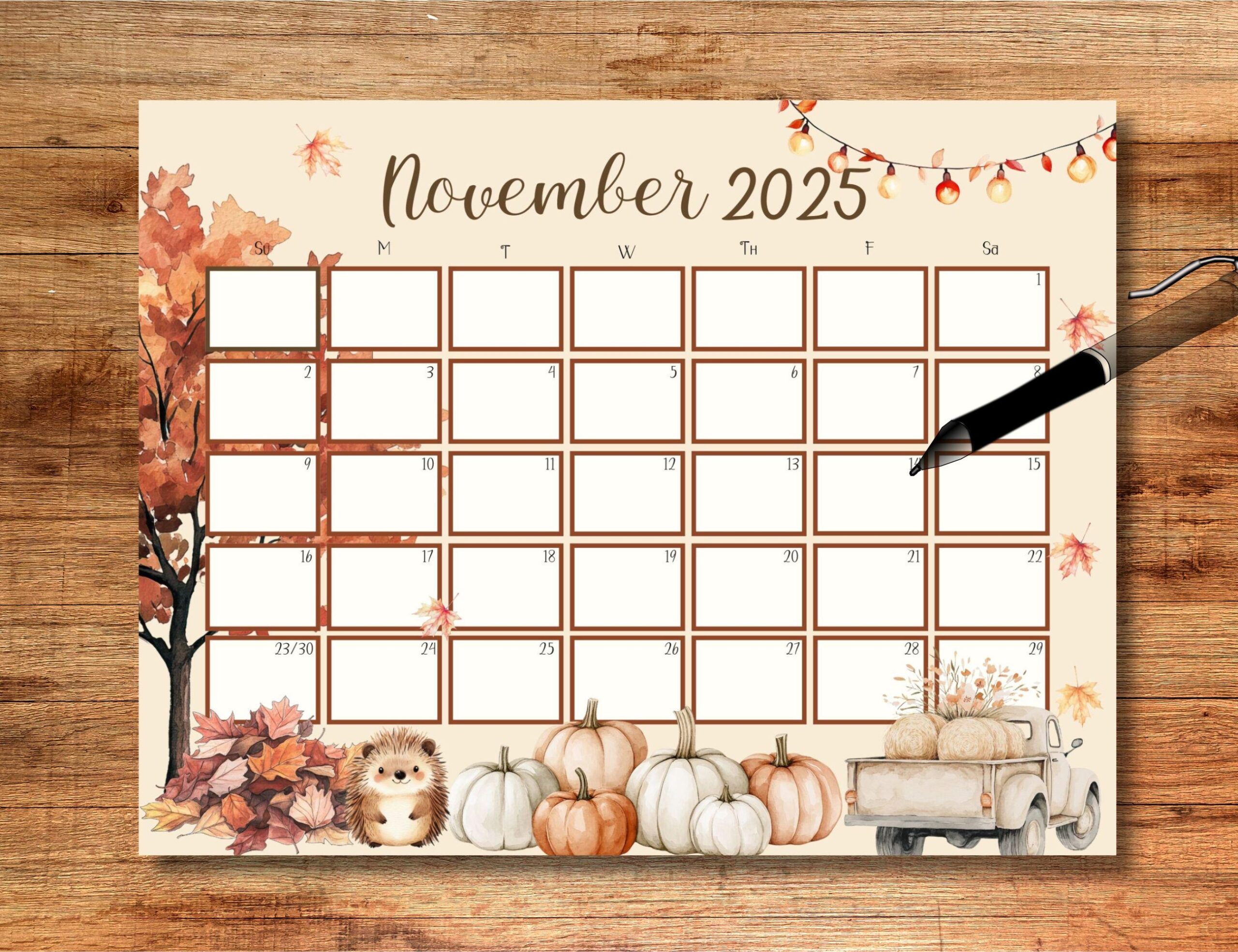 EDITABLE November 2025 Calendar Cozy Calendar Pink Pumpkins 