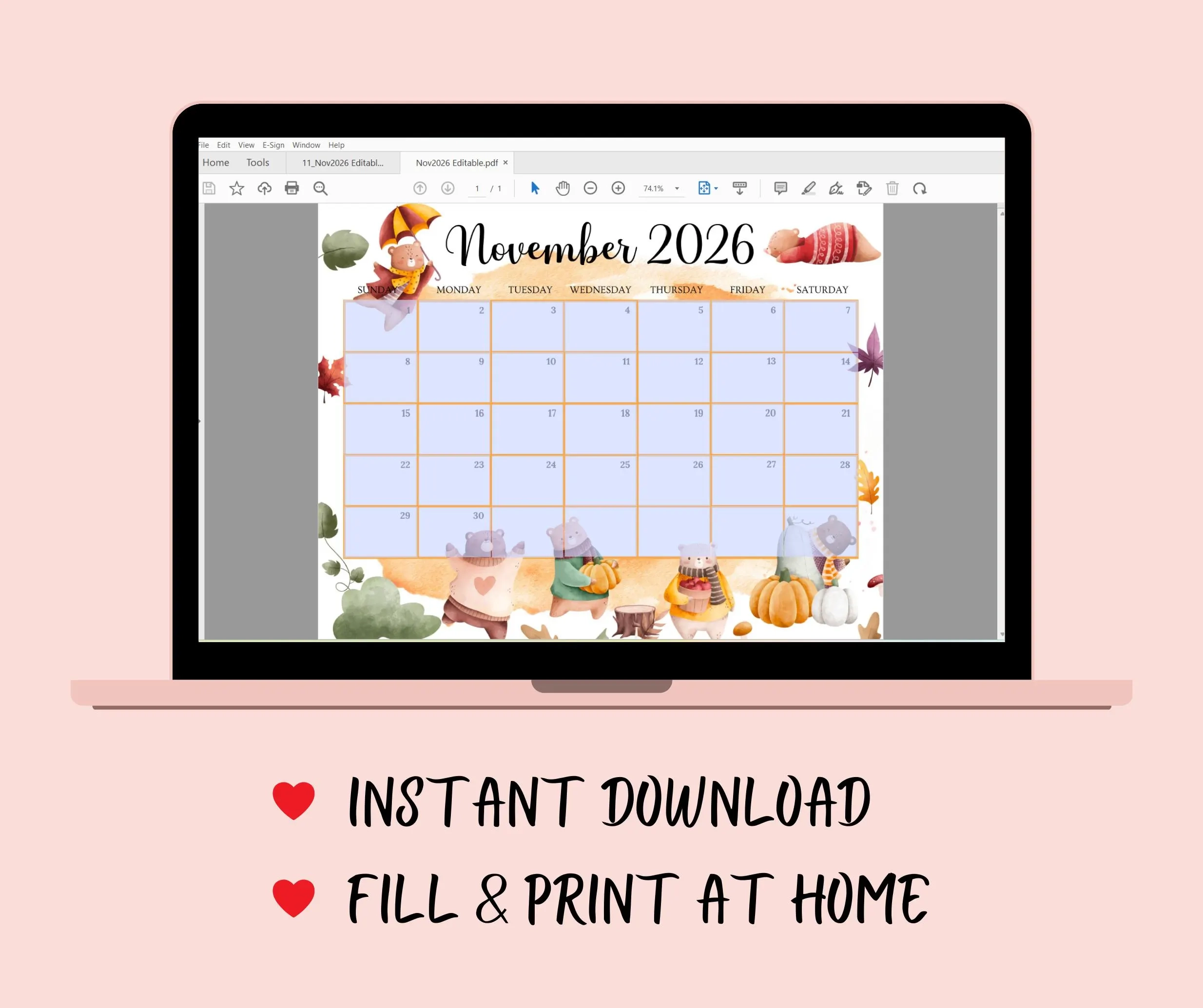 EDITABLE November 2026 Calendar Monthly Planner For Kids School 