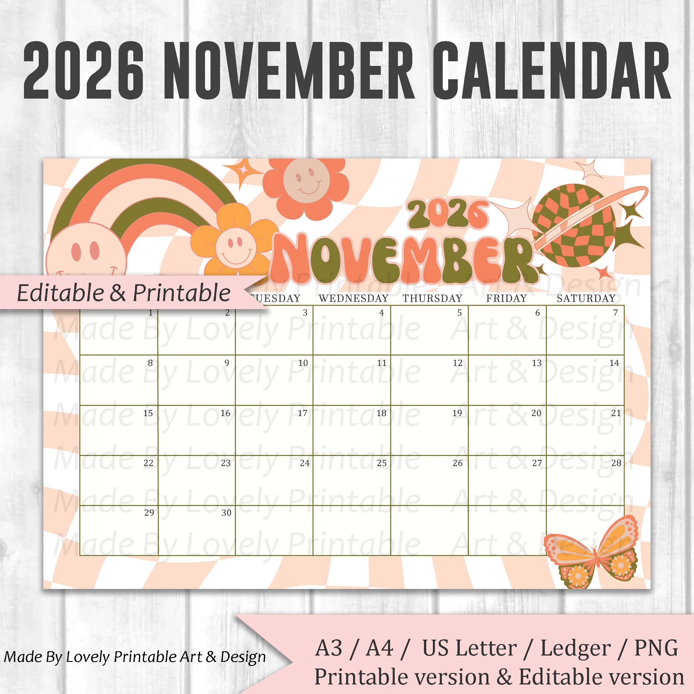 EDITABLE November 2026 Calendar Retro Aesthetic 70s Daisy Retro 