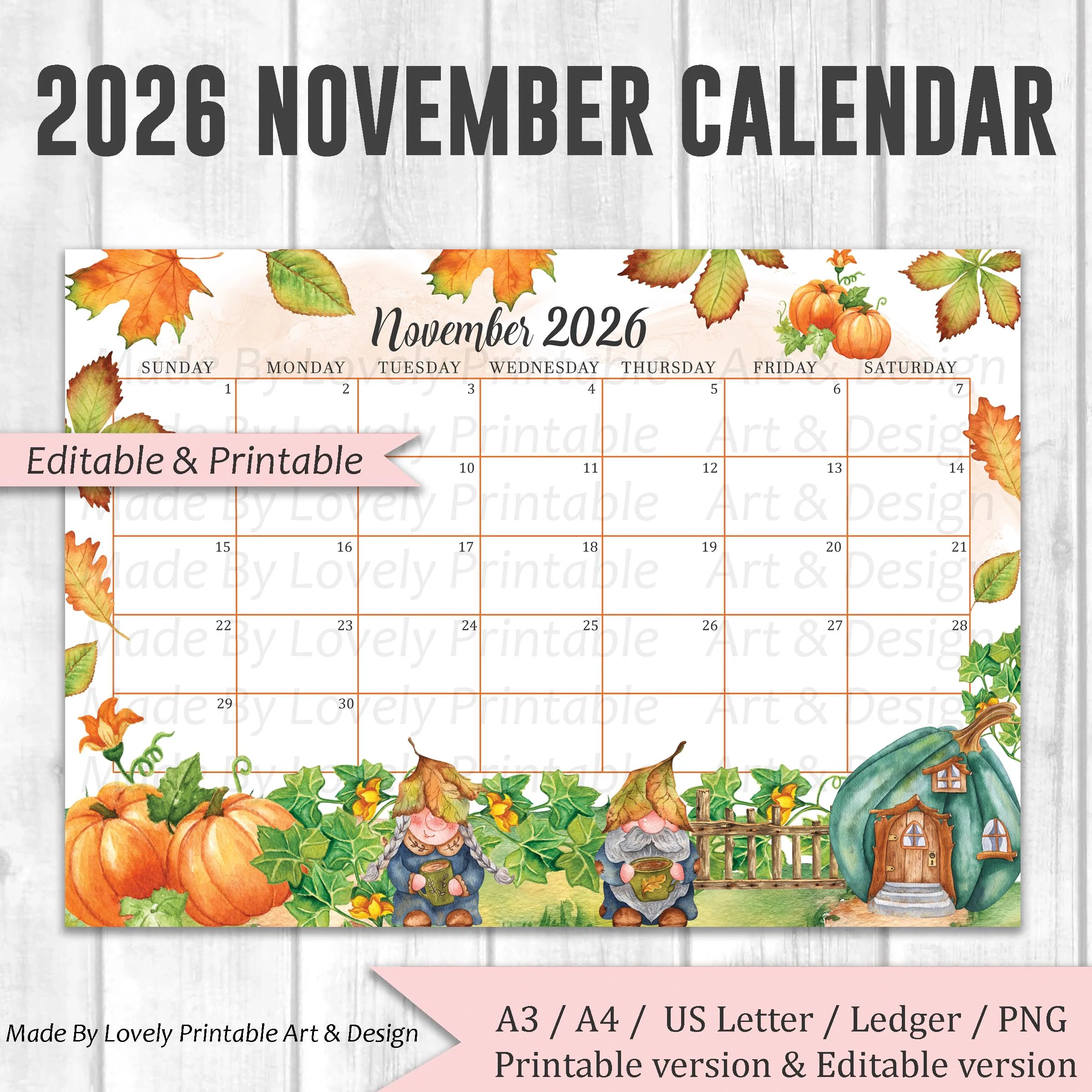 EDITABLE November 2026 Calendar Watercolor Autumn Gnomes House 