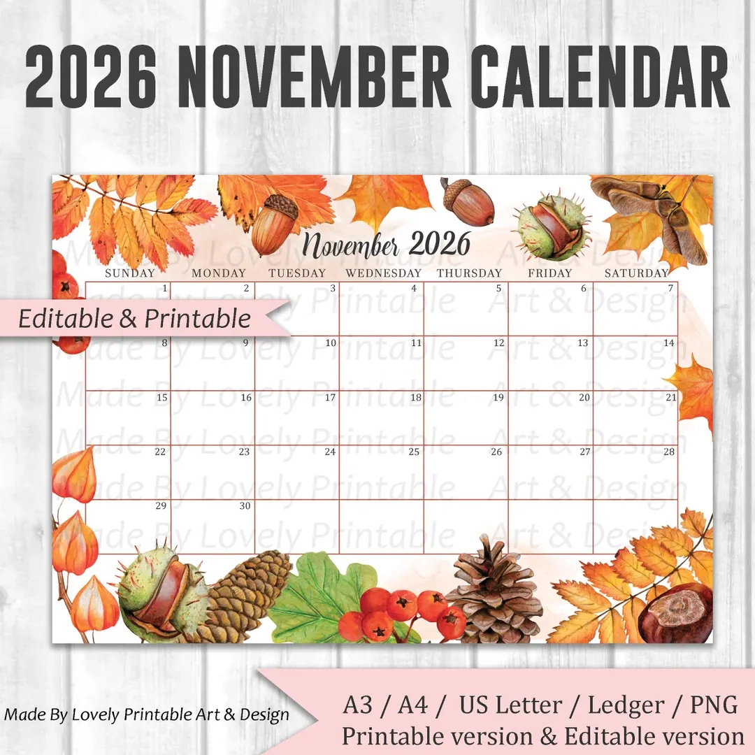 EDITABLE November 2026 Calendar Watercolor Forest Autumn Fall 