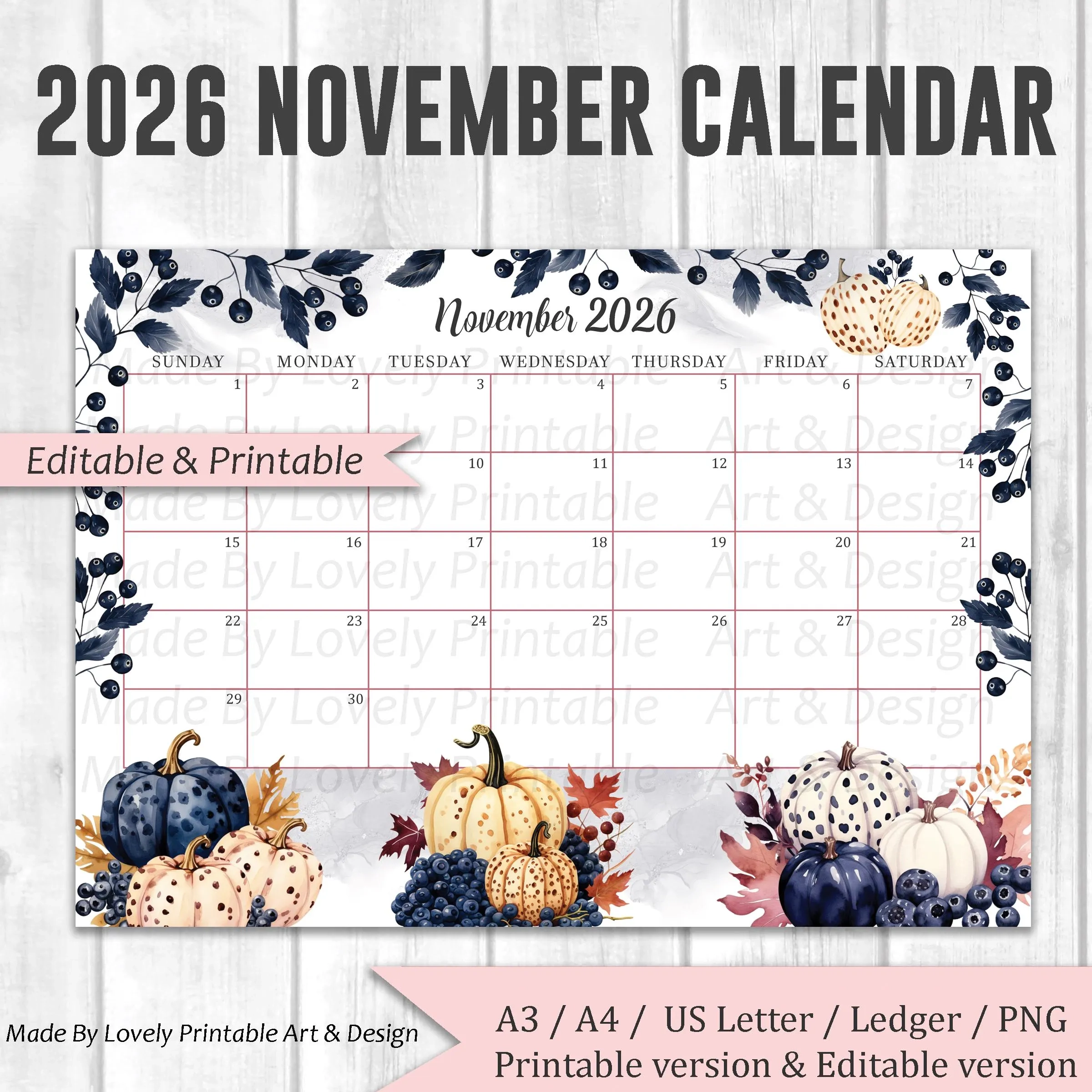 EDITABLE November 2026 Calendar Watercolor Thanksgiving Day 