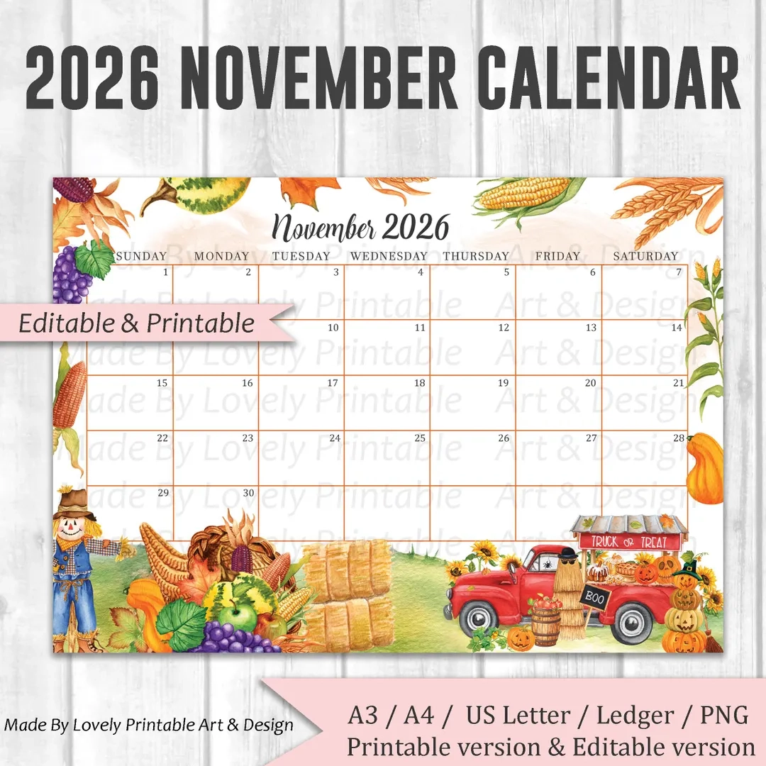 EDITABLE November 2026 Calendar Watercolor Thanksgiving Day 