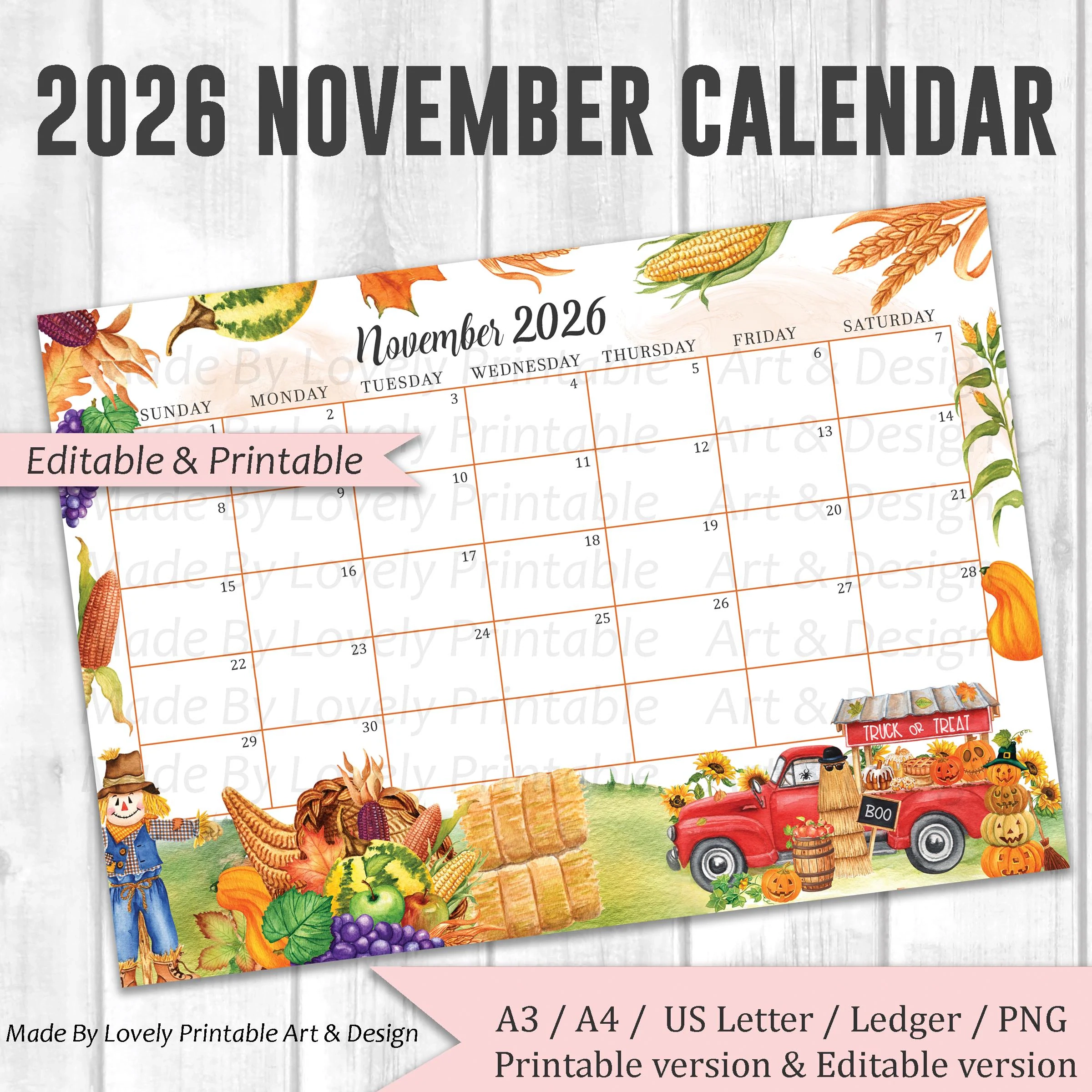 November 2026 Printable Calendar Thanksgiving