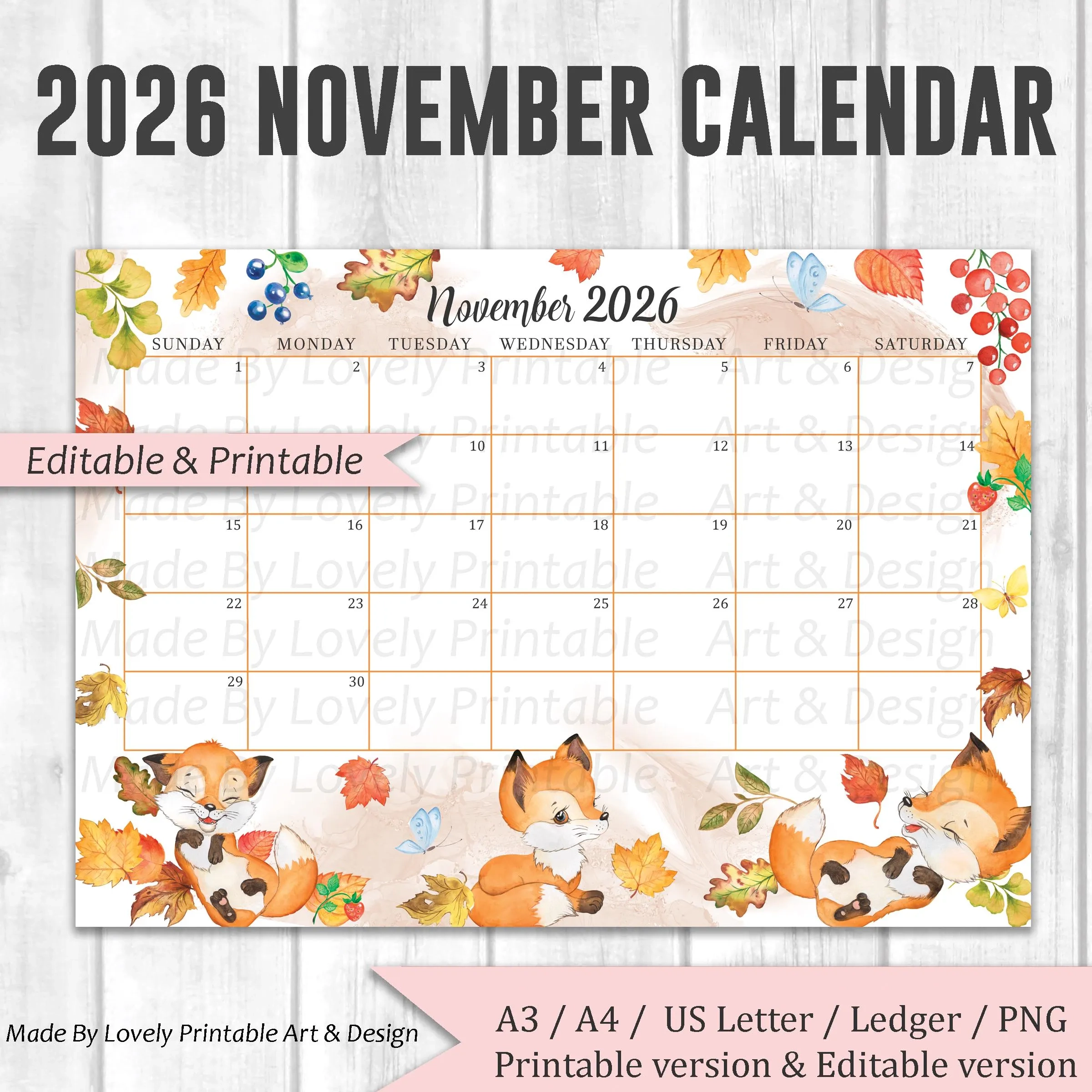EDITABLE November 2026 Calendar Watercolor Thanksgiving Day 