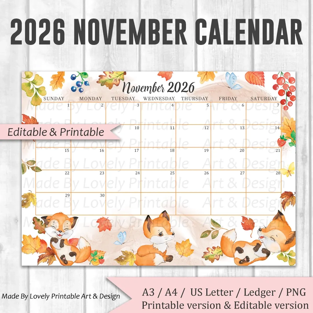 EDITABLE November 2026 Calendar Watercolor Thanksgiving Day 