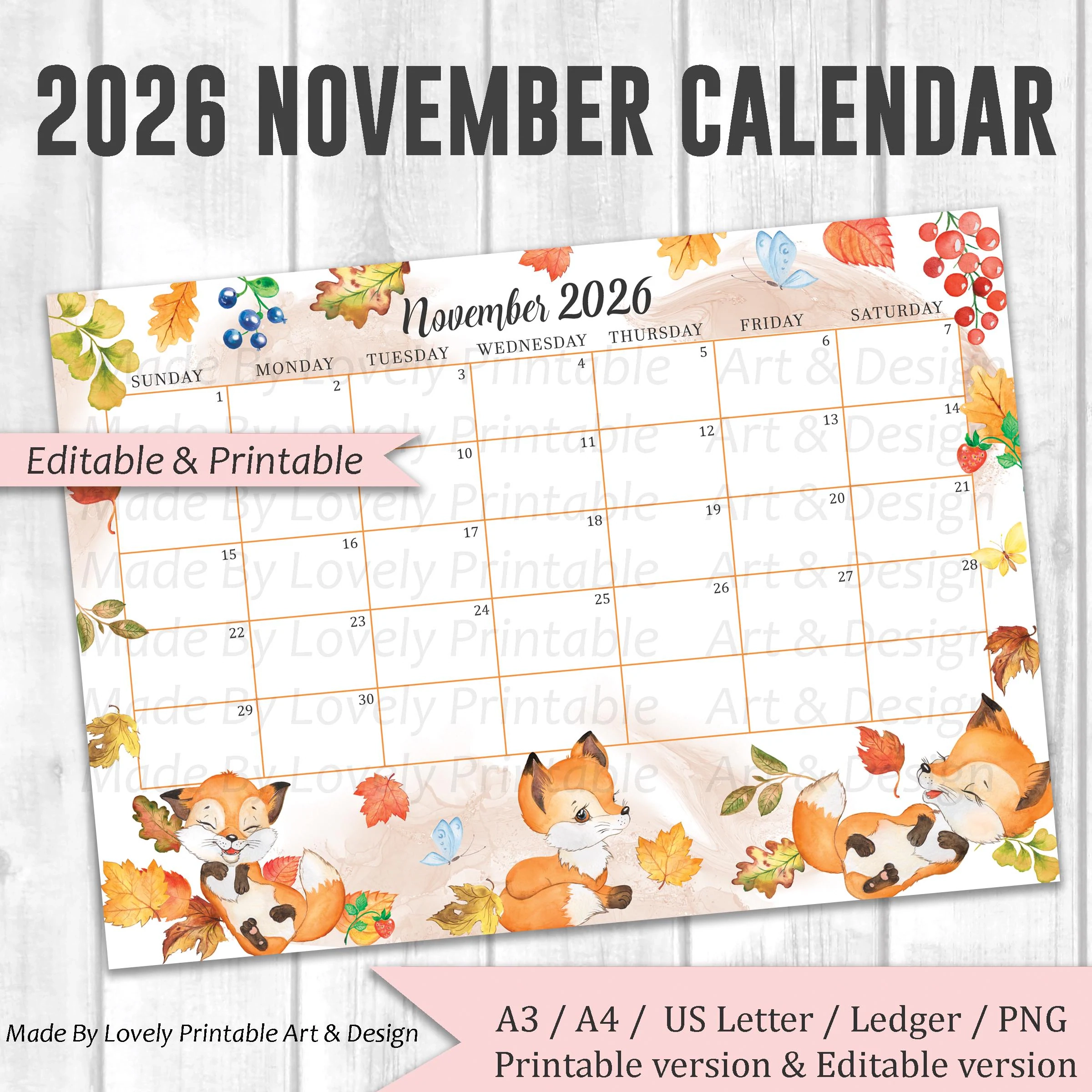 EDITABLE November 2026 Calendar Watercolor Thanksgiving Day 