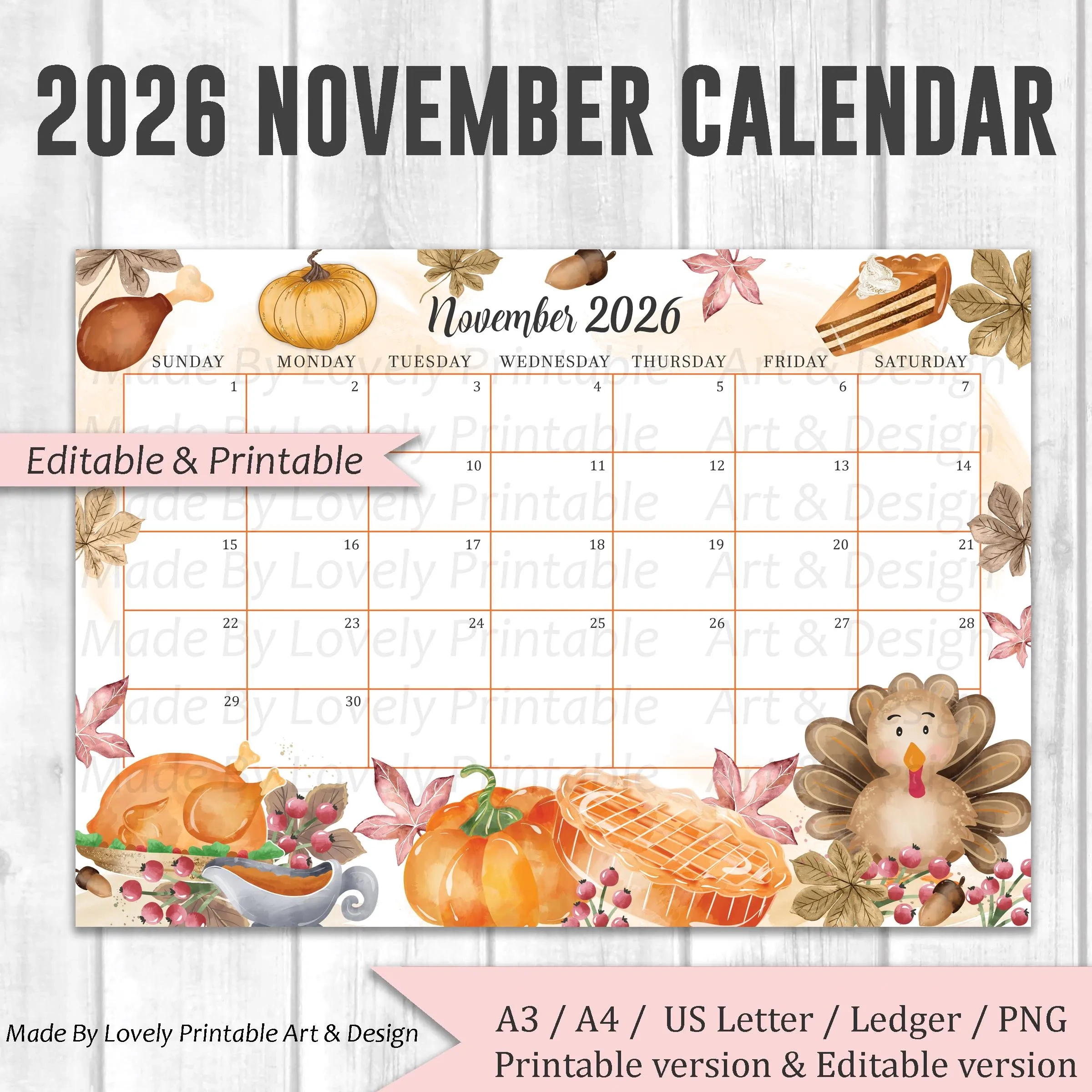 EDITABLE November 2026 Calendar Watercolor Thanksgiving Day Cute 