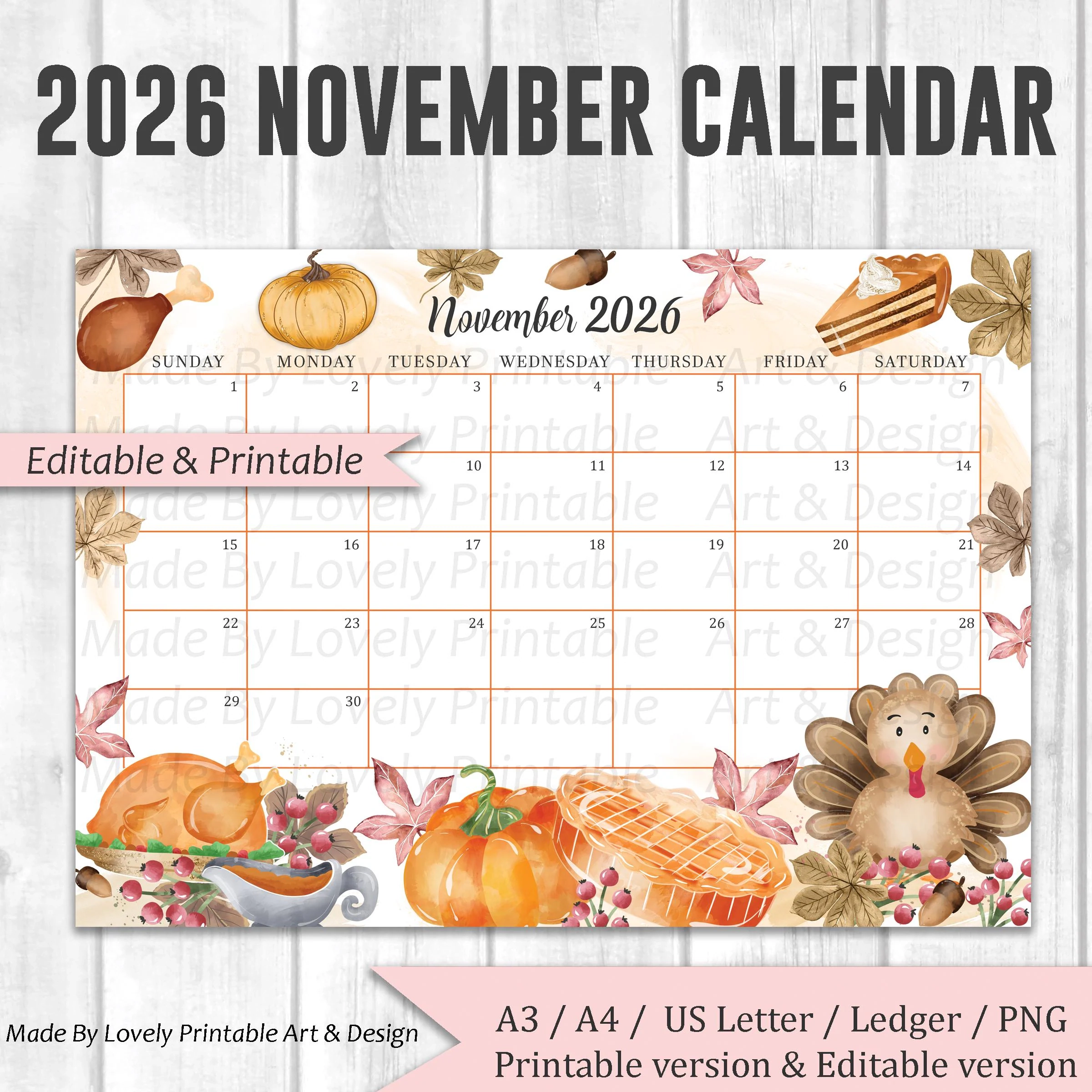 EDITABLE November 2026 Calendar Watercolor Thanksgiving Day Cute 