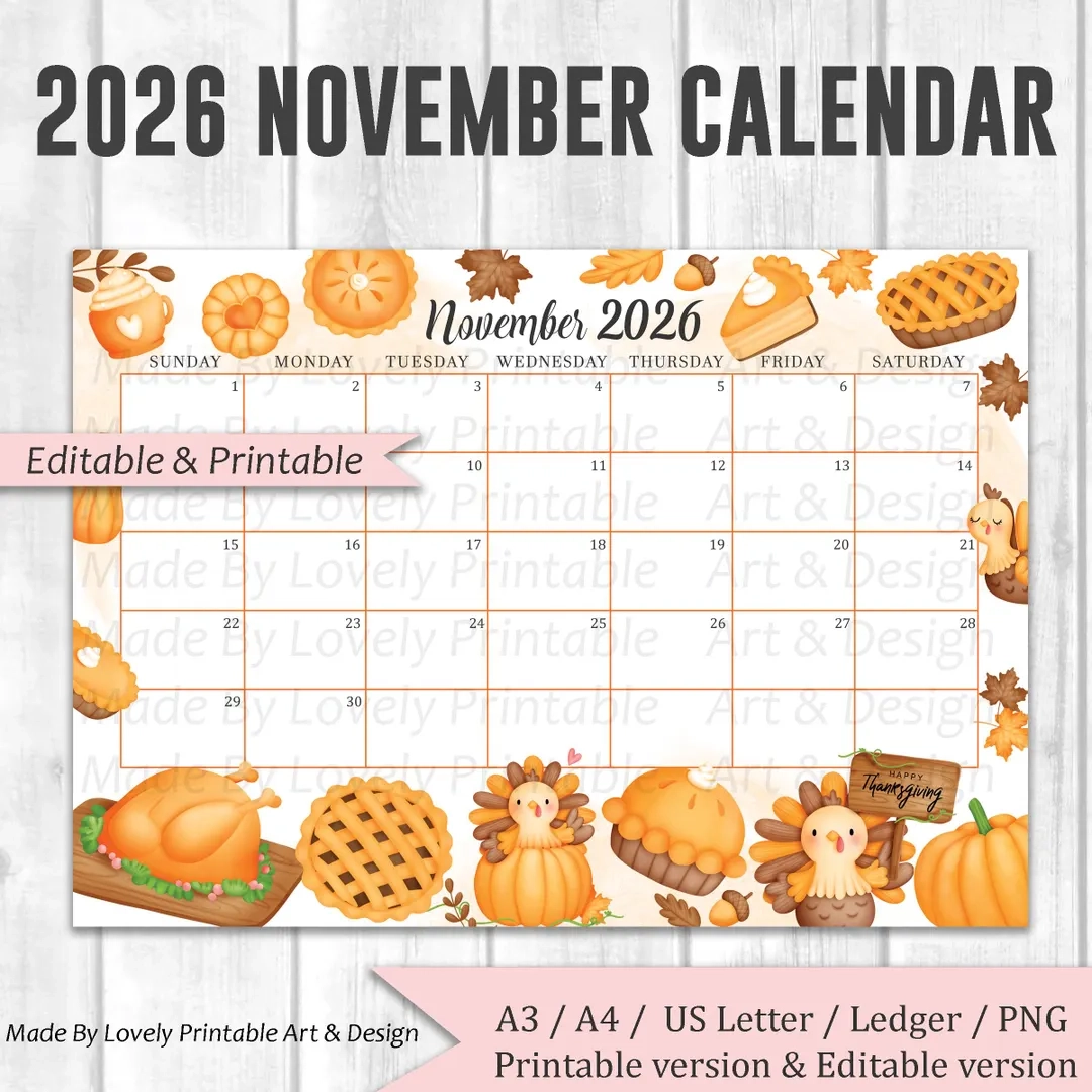 EDITABLE November 2026 Calendar Watercolor Thanksgiving Day Cute 