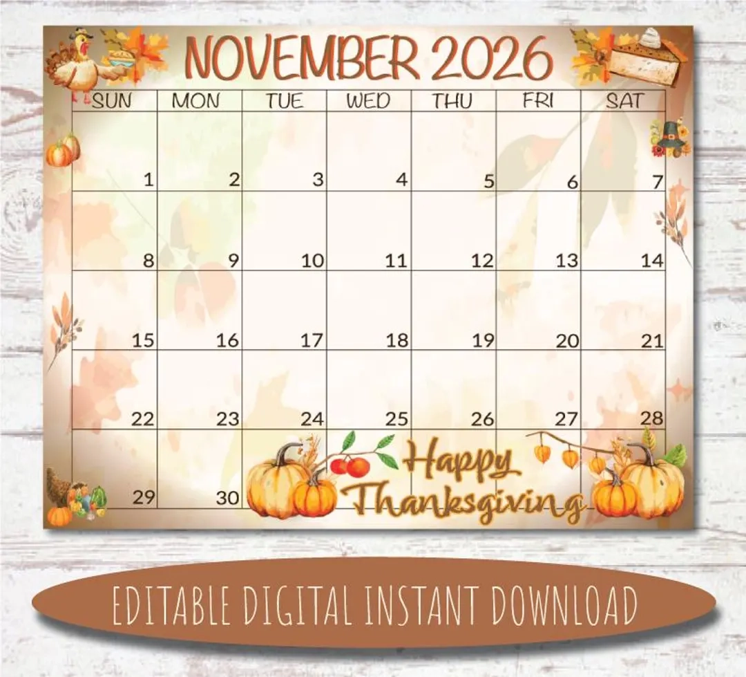 Editable November 2026 Calendar Watercolor Thanksgiving Theme 