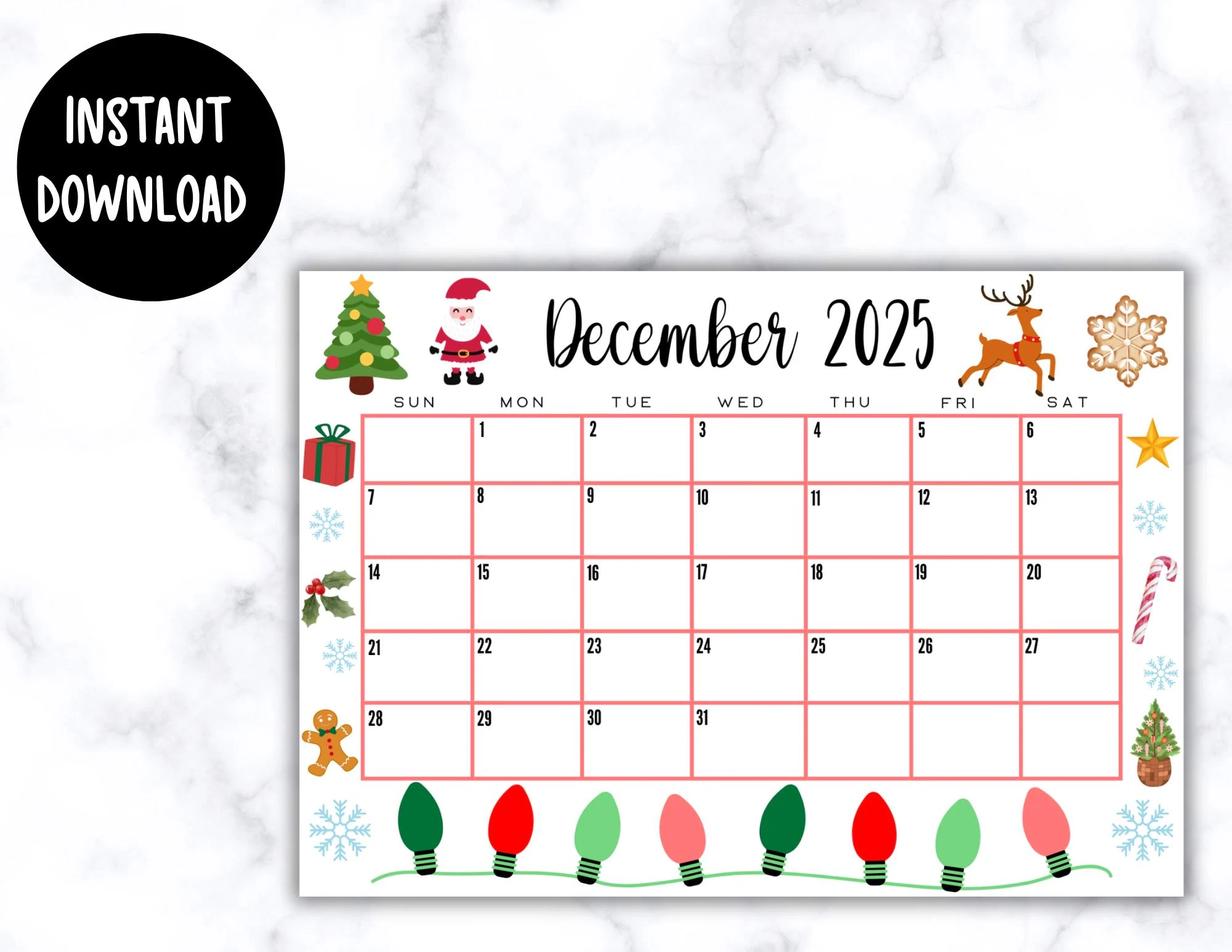 EDITABLE Printable December Calendar 2025 Christmas Calendar W 