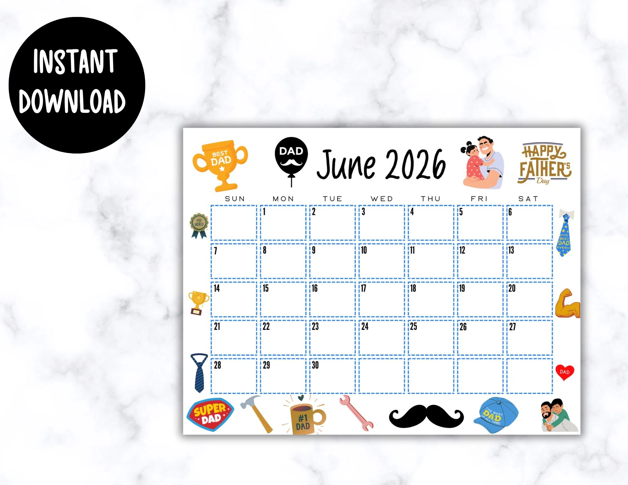 EDITABLE Printable June Calendar 2026 Cute Father s Day Calendar 