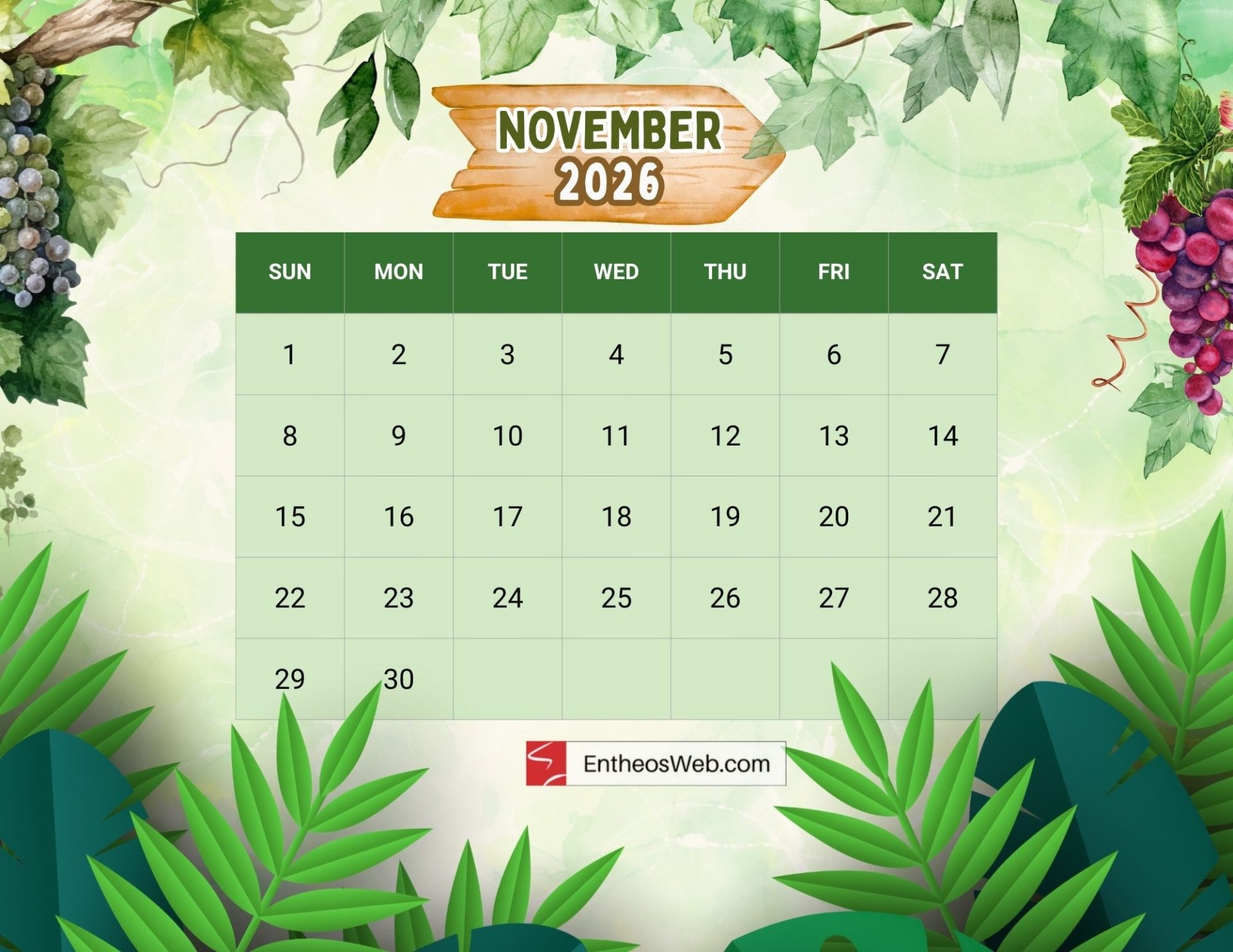 Elegant Leaves Theme 2026 Printable Calendar EntheosWeb