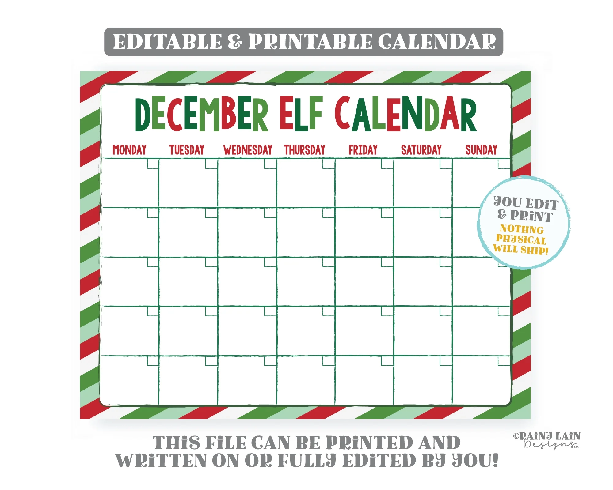 Elf Planning Calendar Printable Elf Calendar Editable Christmas 