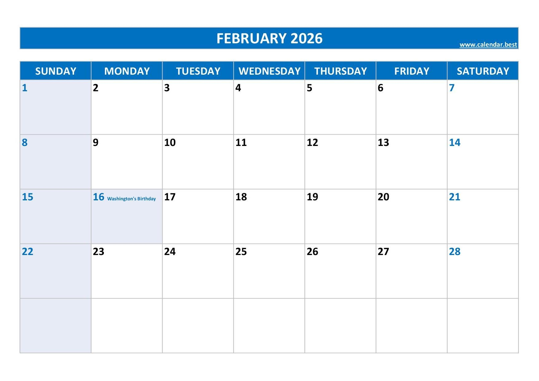 Printable Blank 2026 Calendar February