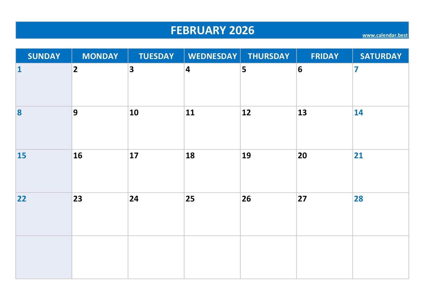2026 February Blank Printable Calendar