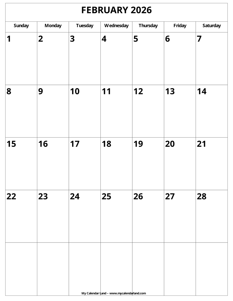 February Printable Calendar 2026 Blank