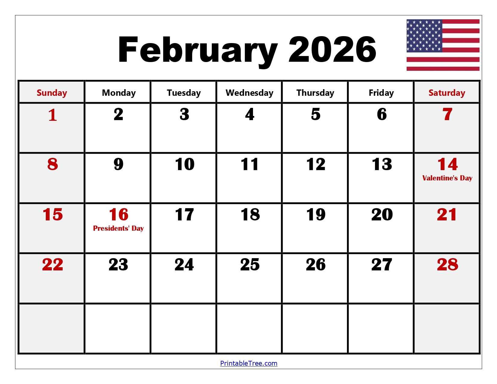 Printable Blank February 2026 Calendar