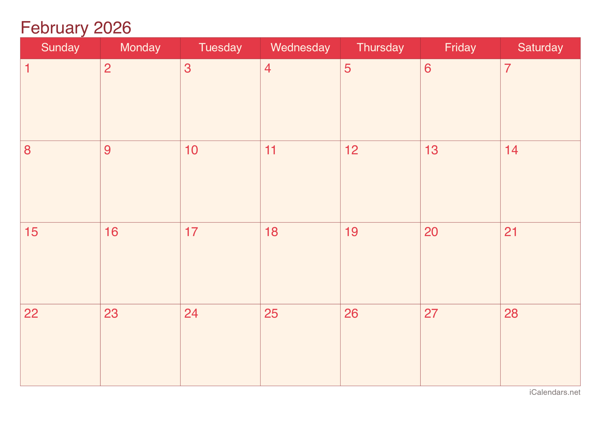 Blank Feb 2026 Calendar Printable