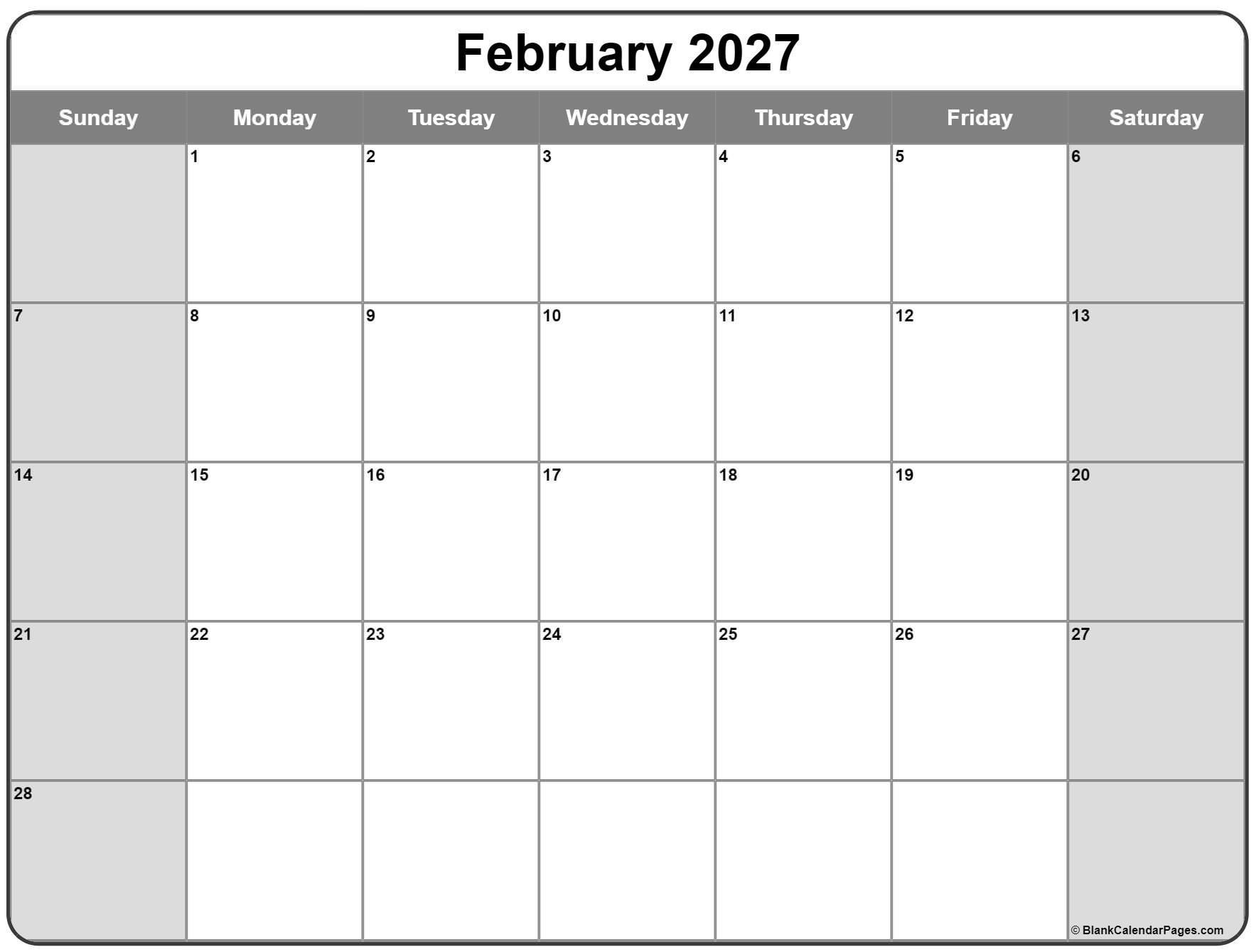 February 2027 Calendar Free Printable Calendars