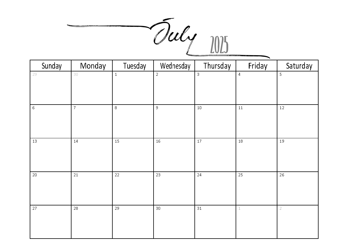 July Calendar 2025 Word