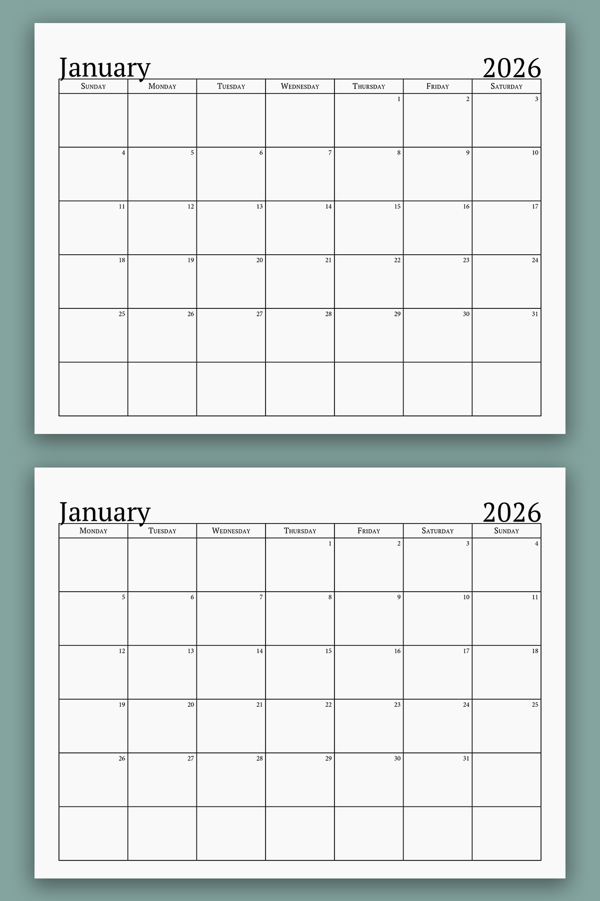 Printable Blank 2026 Calendar Pages