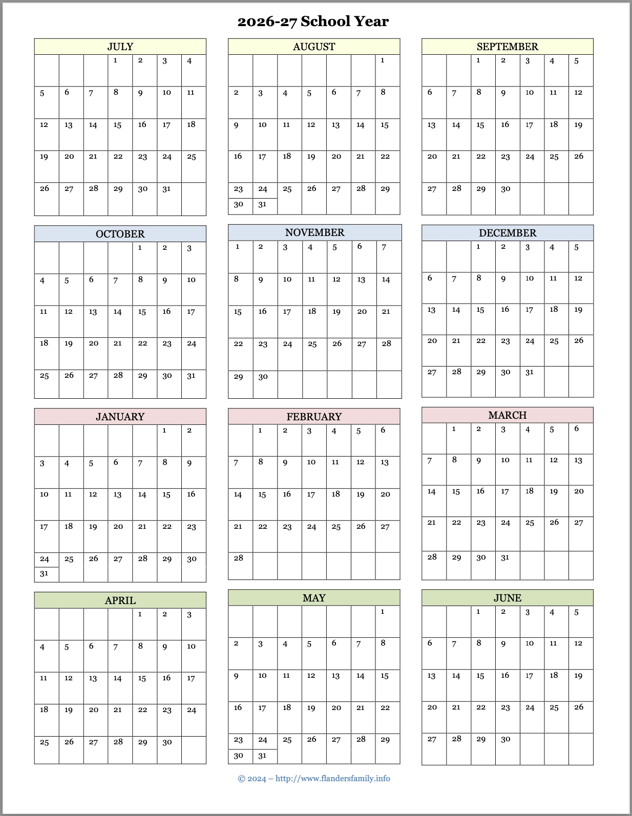Printable July To December 2026 Calendar