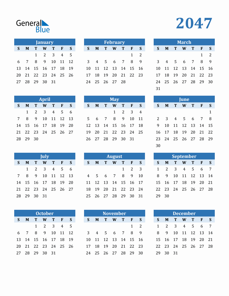 Free 2047 Year Calendar In PDF Word And Excel