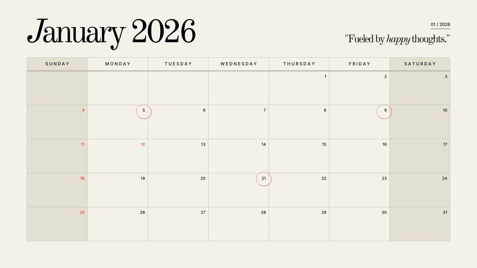 Blank 2026 Monthly Calendar