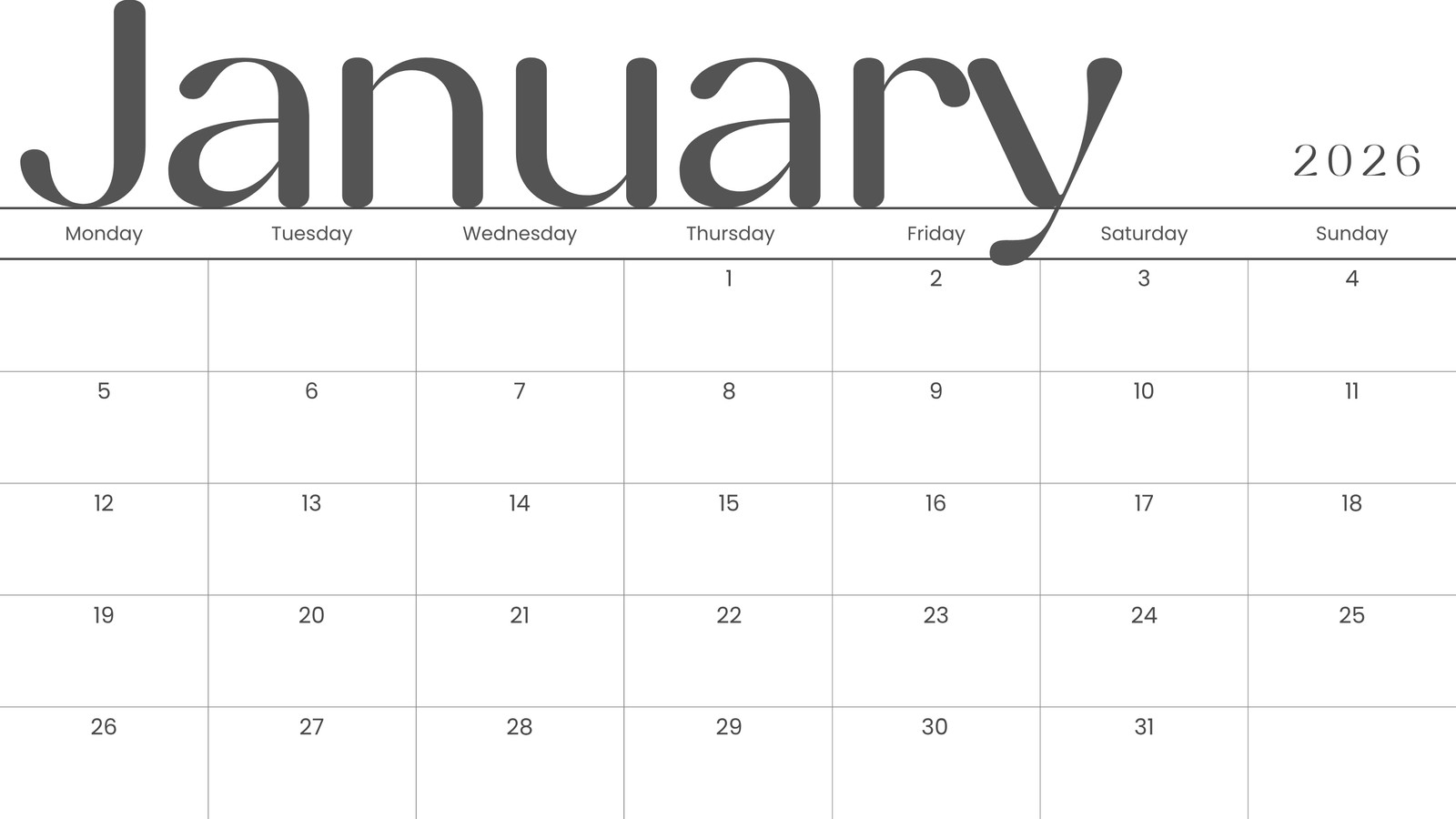 Blank Calendar Printable January 2026