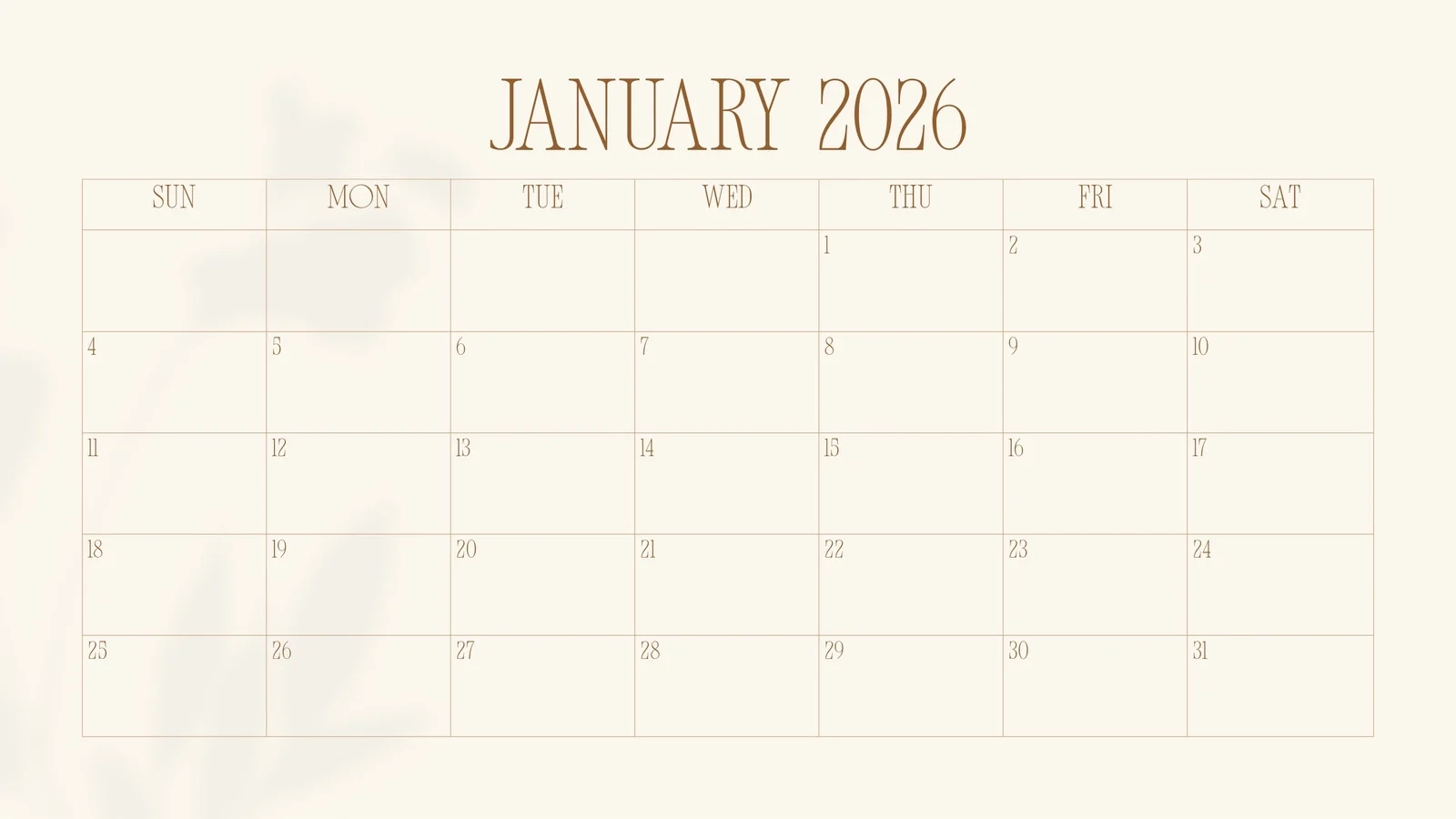 Blank January 2026 Calendar Printable