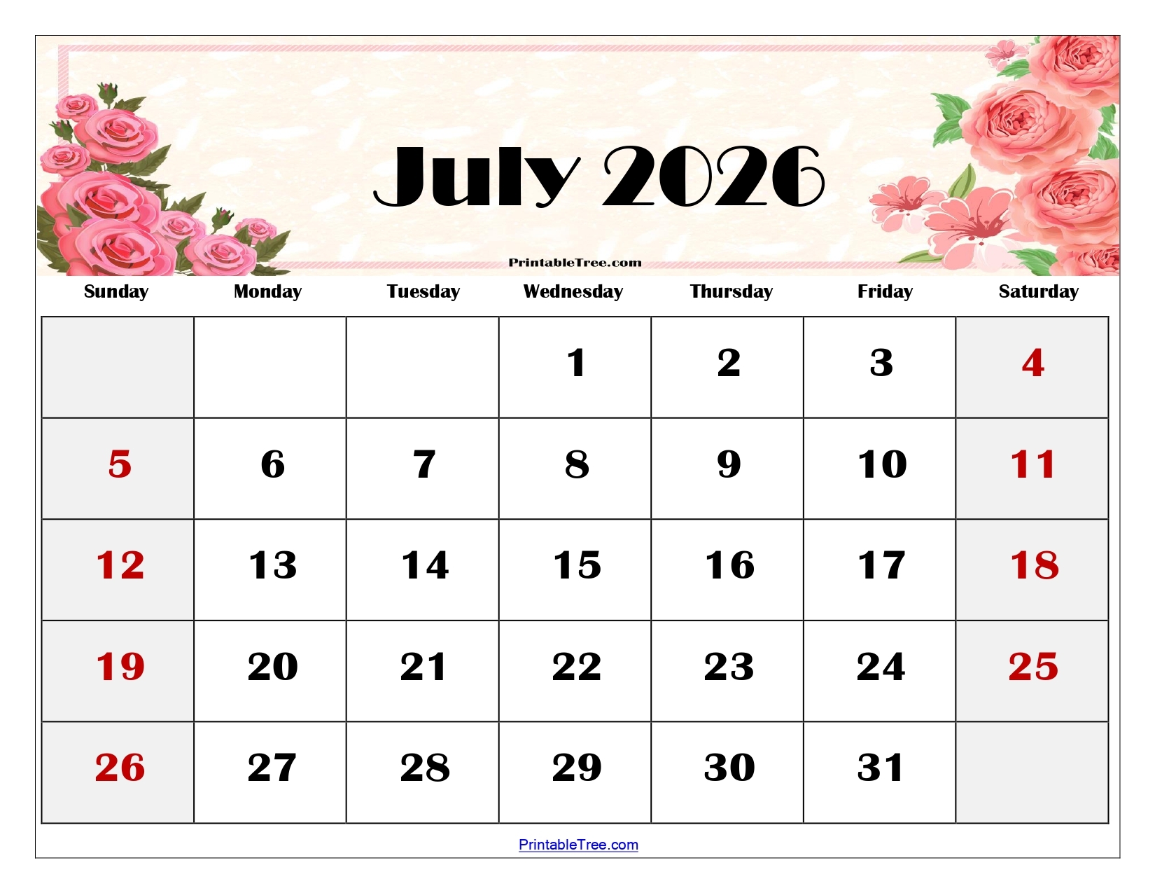 Free Blank Monthly Printable Calendar 2026 Templates