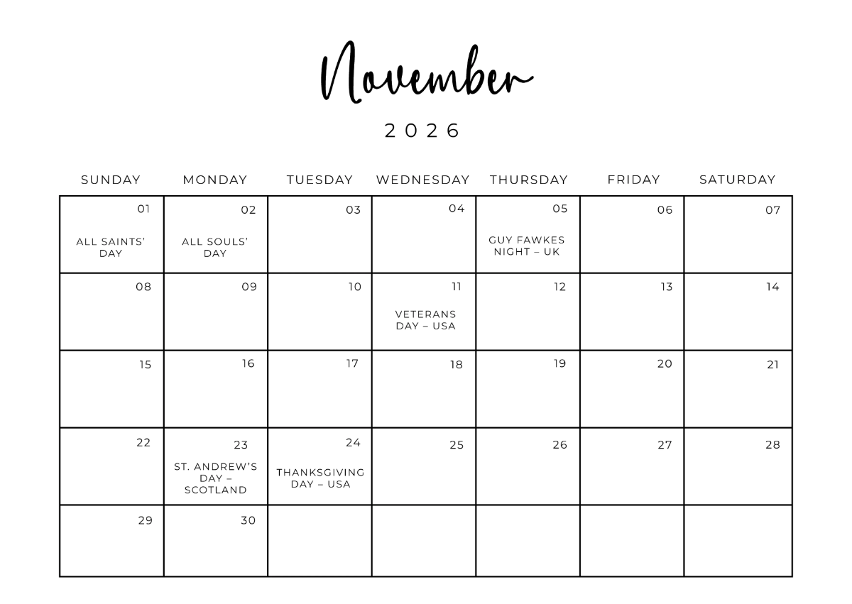 Edit November 2026 Printable Calendar