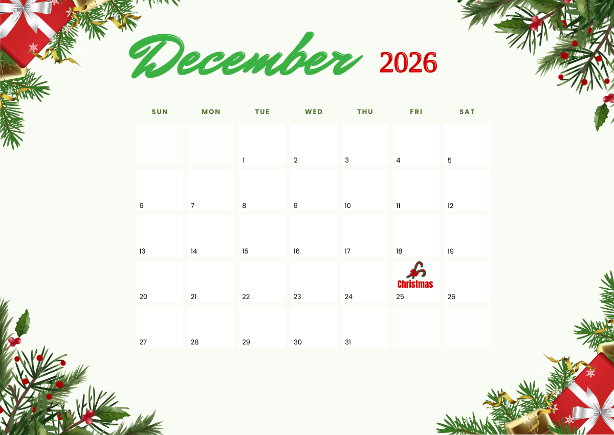 Christmas Themed 2026 December Printable Calendar