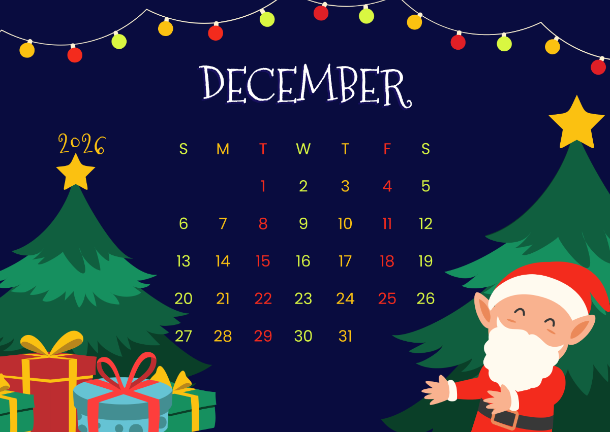 December 2026 Calendar Printable Christmas Tree
