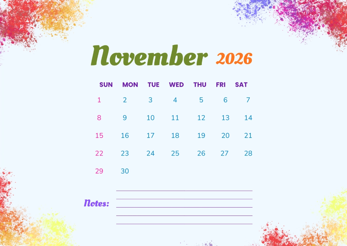 Printable Color November 2026 In Calendar