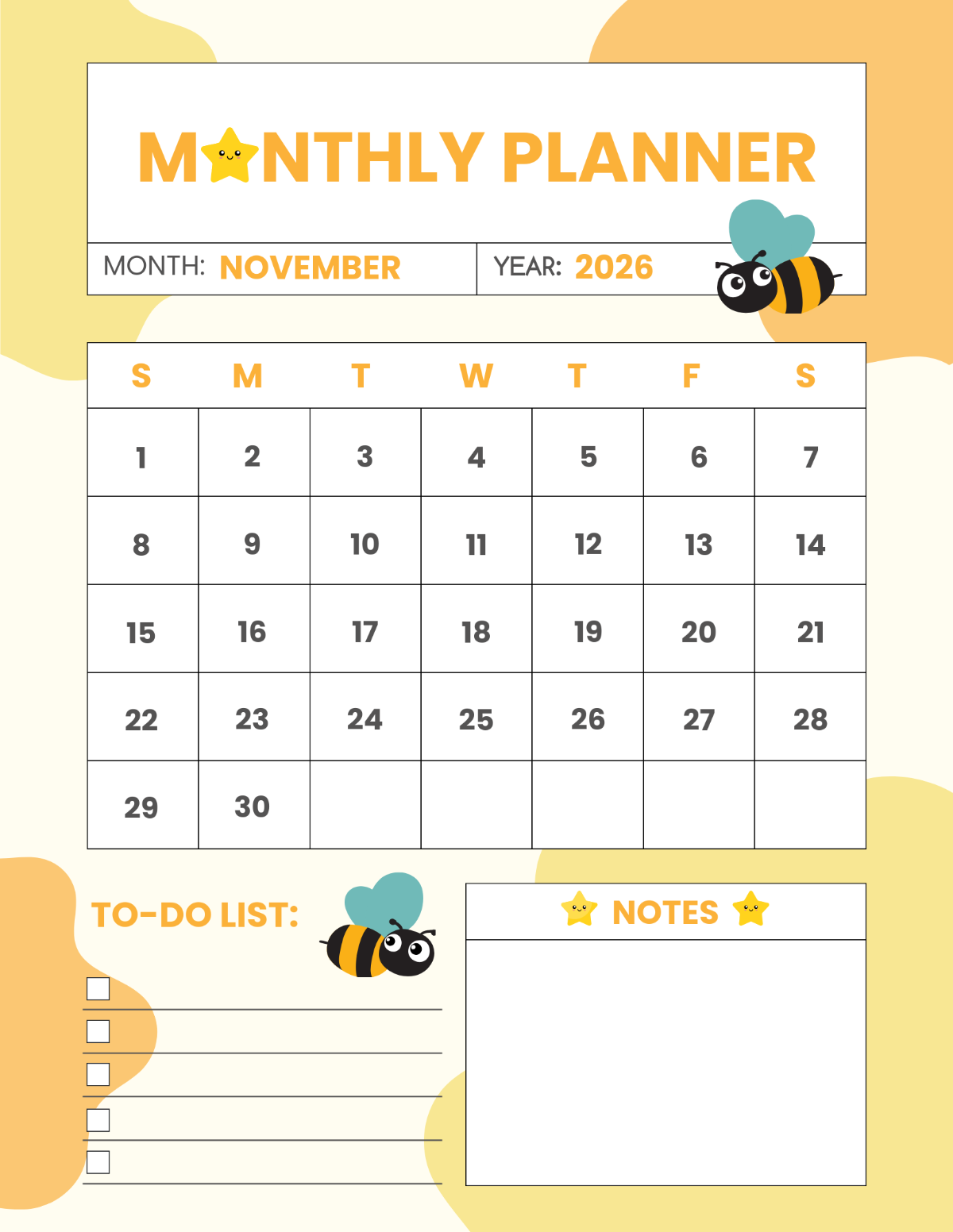 Free Printable November 2026 Calendar Cute