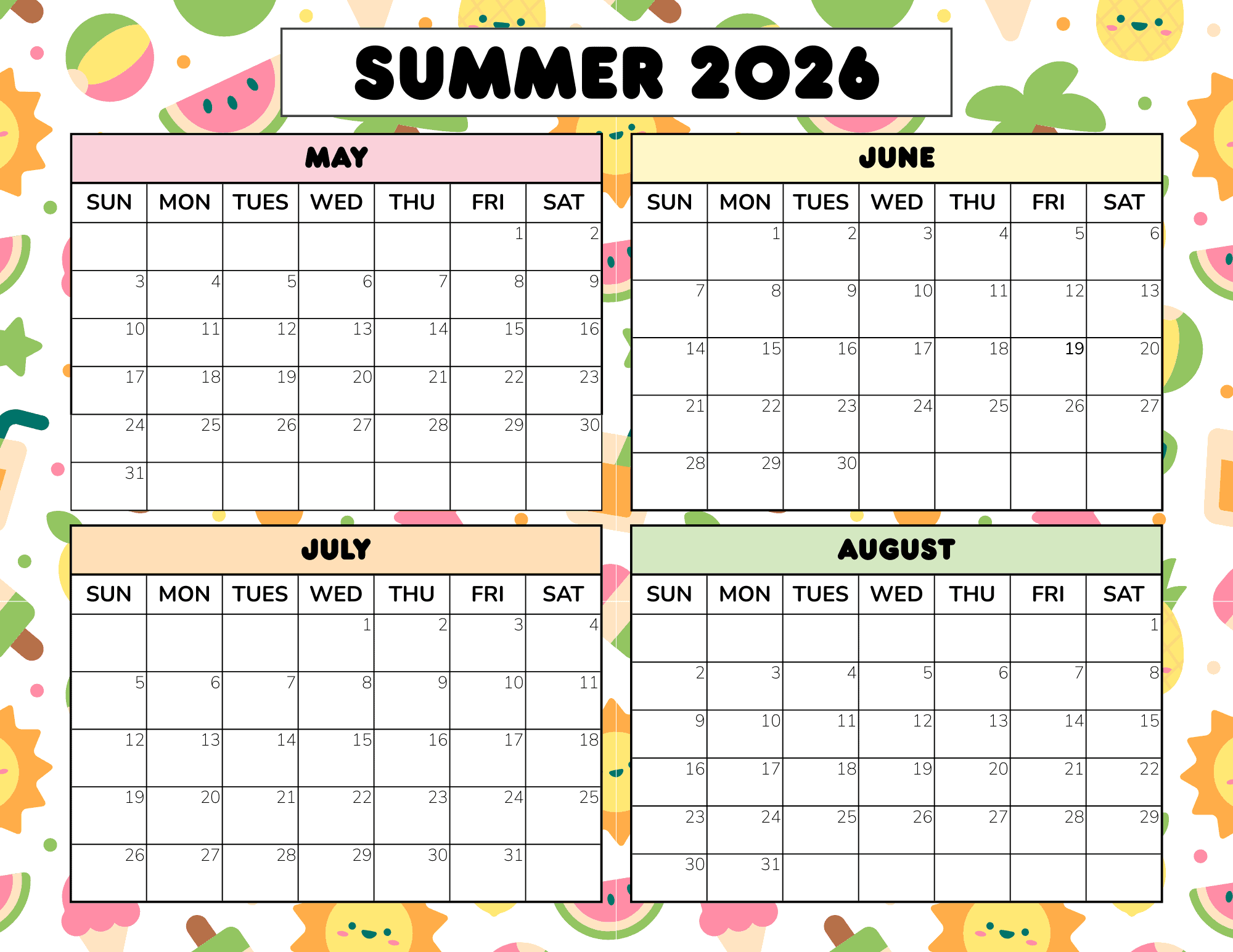 Blank Summer 2026 Calendar Printable