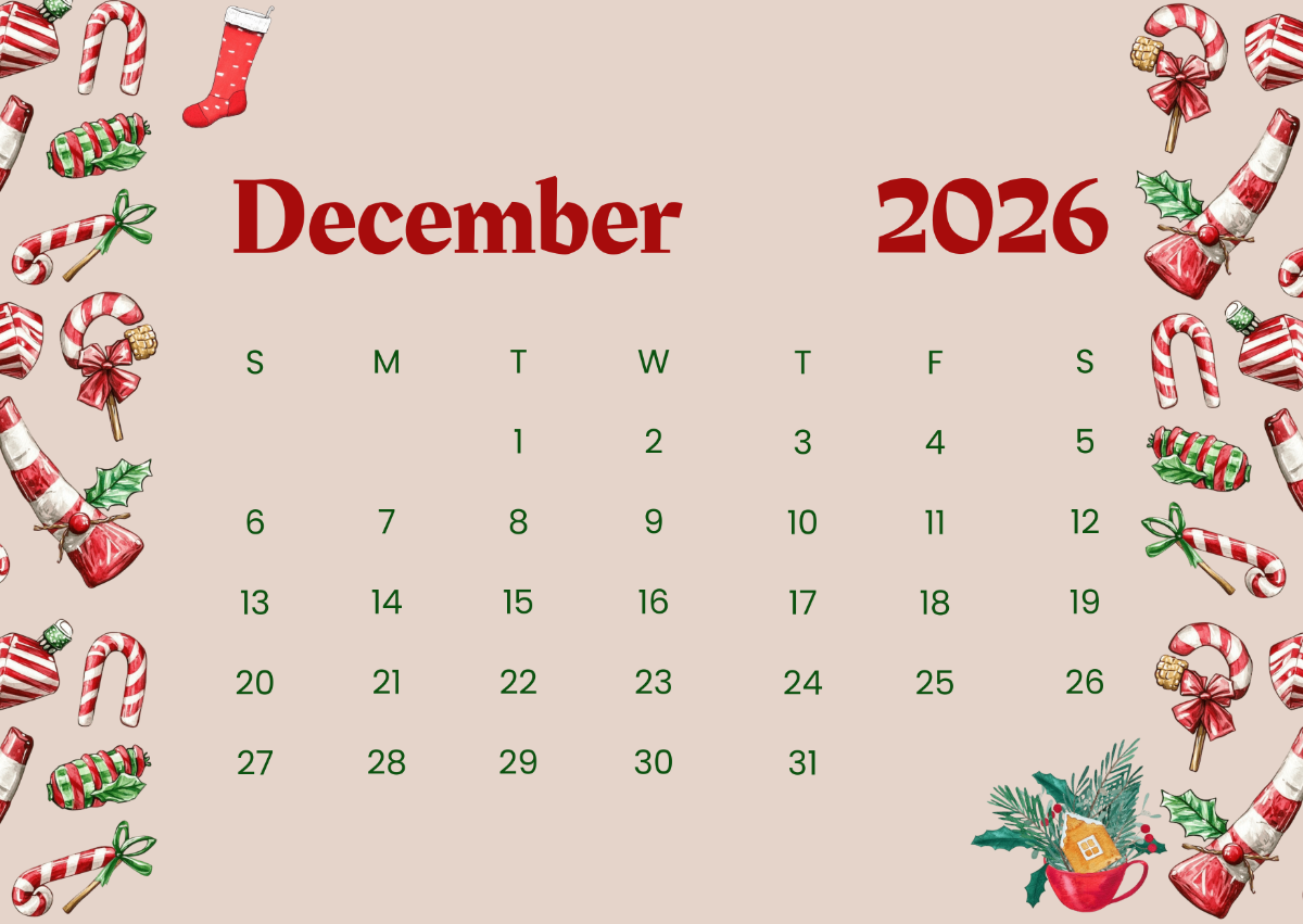 Free Printable Cute December 2026 Calendar