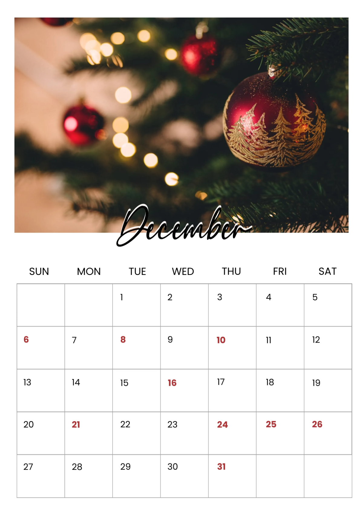 Free December 2026 Calendar With Holidays Template To Edit Online