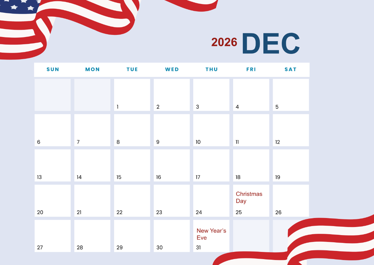 December 2026 Calendar Printable Elegant Red